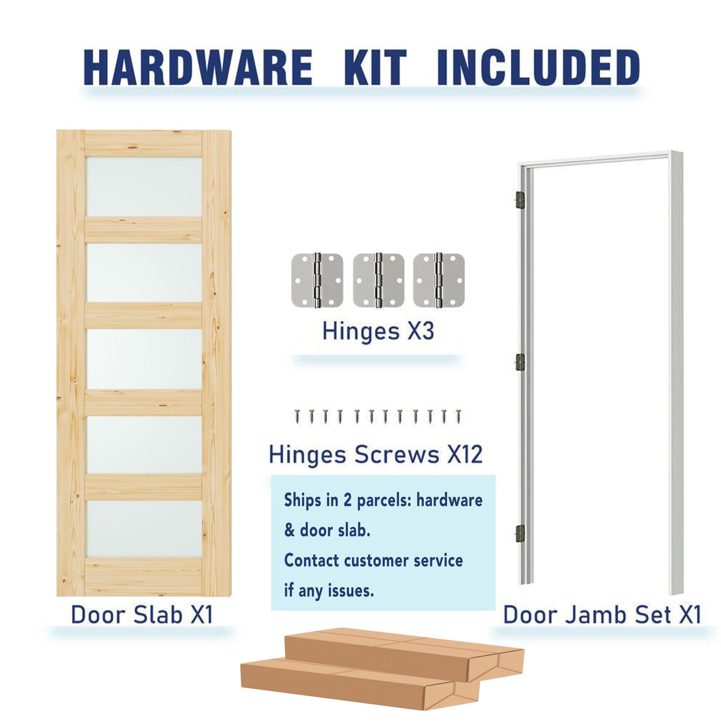 Lakenyon Prehung Door, Right-Handed, 30" x 80" Interior Door with Jamb Kit, 5-Panel Frosted Glass, Ready to Stain, Ideal for Bathroom, Pantry & Laundry Room, Pine Wood