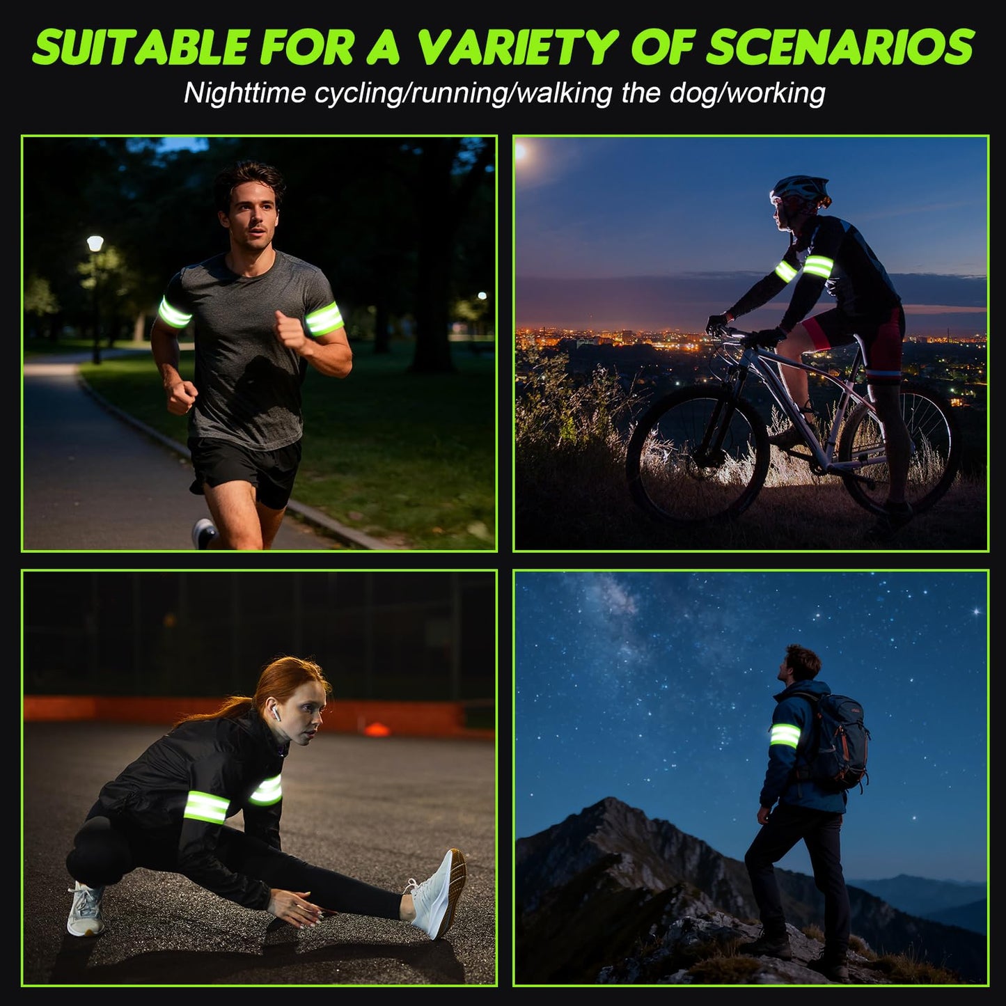 Darlingao 4 Pack High Visibility Reflective Bands for Arm, Wrist, Ankle & Leg – Adjustable Elastic Safety Straps for Night Running, Walking, Cycling – Reflective Gear for Men & Women