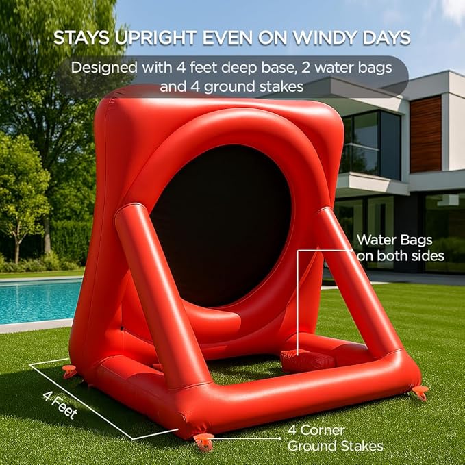 Inflatable Soccer Dart Board and Golf Darts Giant Kick Target Yard Game for Adults Kids Outdoor Backyard Parties with 4 Soccer Balls 20 Golf Balls Chipping Mat Pumps Scorecard Red Color 6.3 Feet