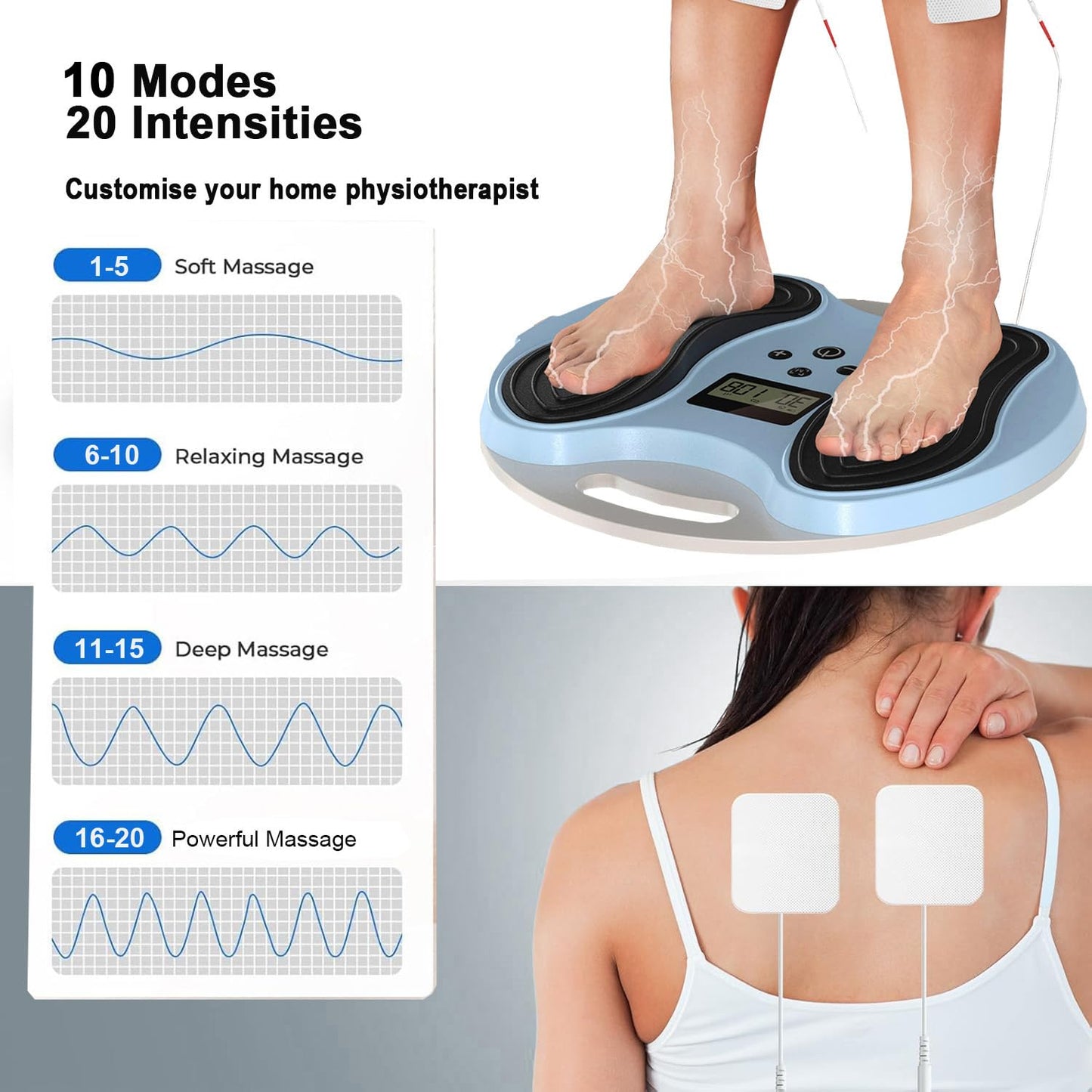 EULEYAW EMS & TENS Foot Massager for Neuropathy, NMES Foot Stimulator with 10 Modes 20 Levels, LCD Display, Timer, Remote Control, Muscle Stimulator with 4 Gel Pads for Foot Leg Pain Relief
