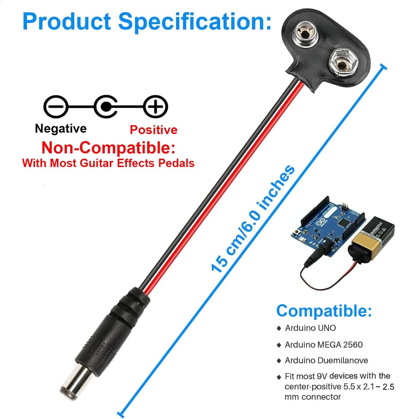 California JOS 2 Pack 9V 9 2.1mm 5.5mm Battery Clip V Battery Connector with X Male DC Plug for Arduino Electronics