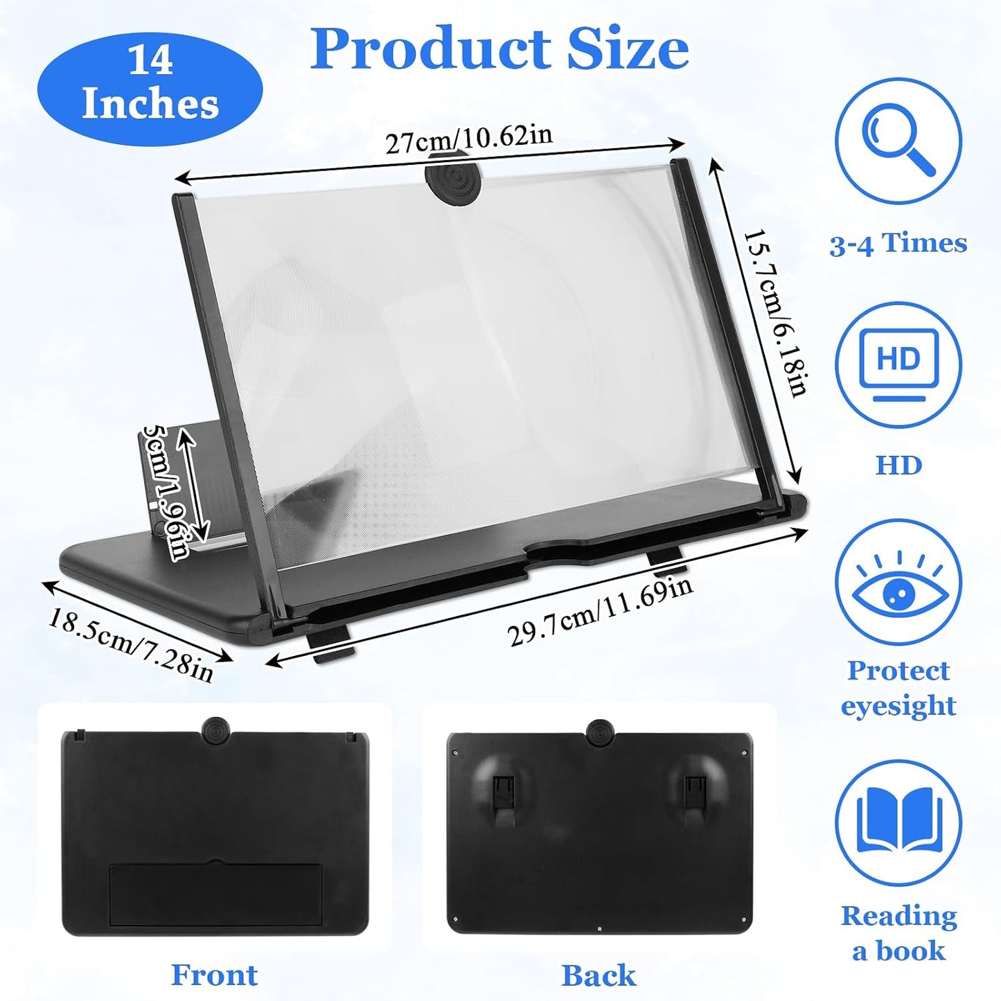 14" 3D 14inch) Screen Amplifier for Cell Phone, HD Amplifier Projector Horizontal Screen Enlarger for Movies, Videos