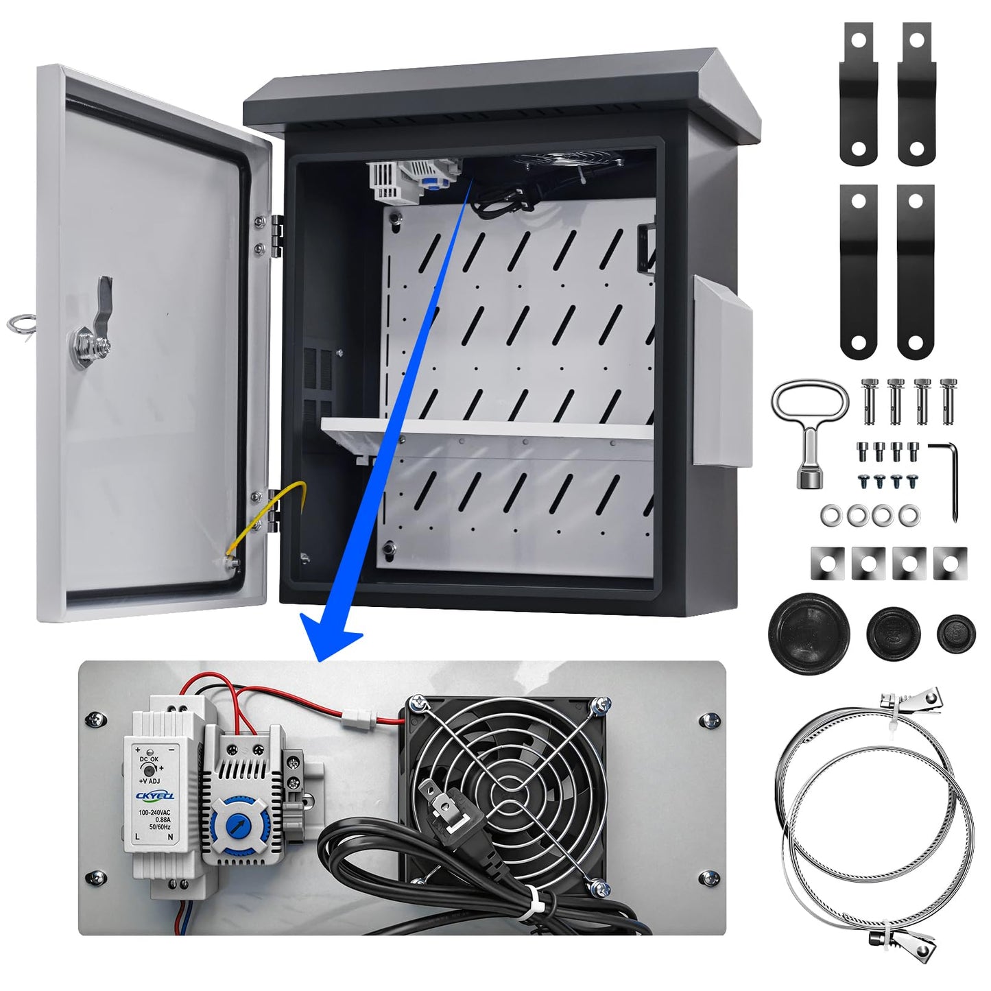 POOAMY Lockable Electrical Enclosure Box, 15.7"x11.8"x7.9", IP65 Waterproof Metal Junction Box with Thermostat and Cooling Fan, Outdoor Electrical Box with Internal Mounting Plate, Grey & White