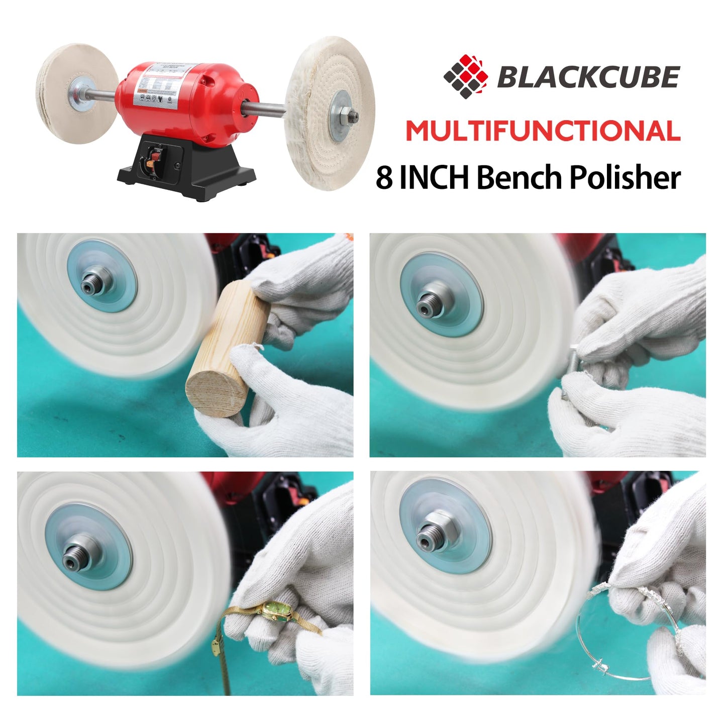 BLACKCUBE Bench Buffer Polisher Motor with 8 Inch Dual Buffering Wheels, Benchtop Polishing Machine for Jewelry, Metal, Wood, Plastic and Knife Sharpening