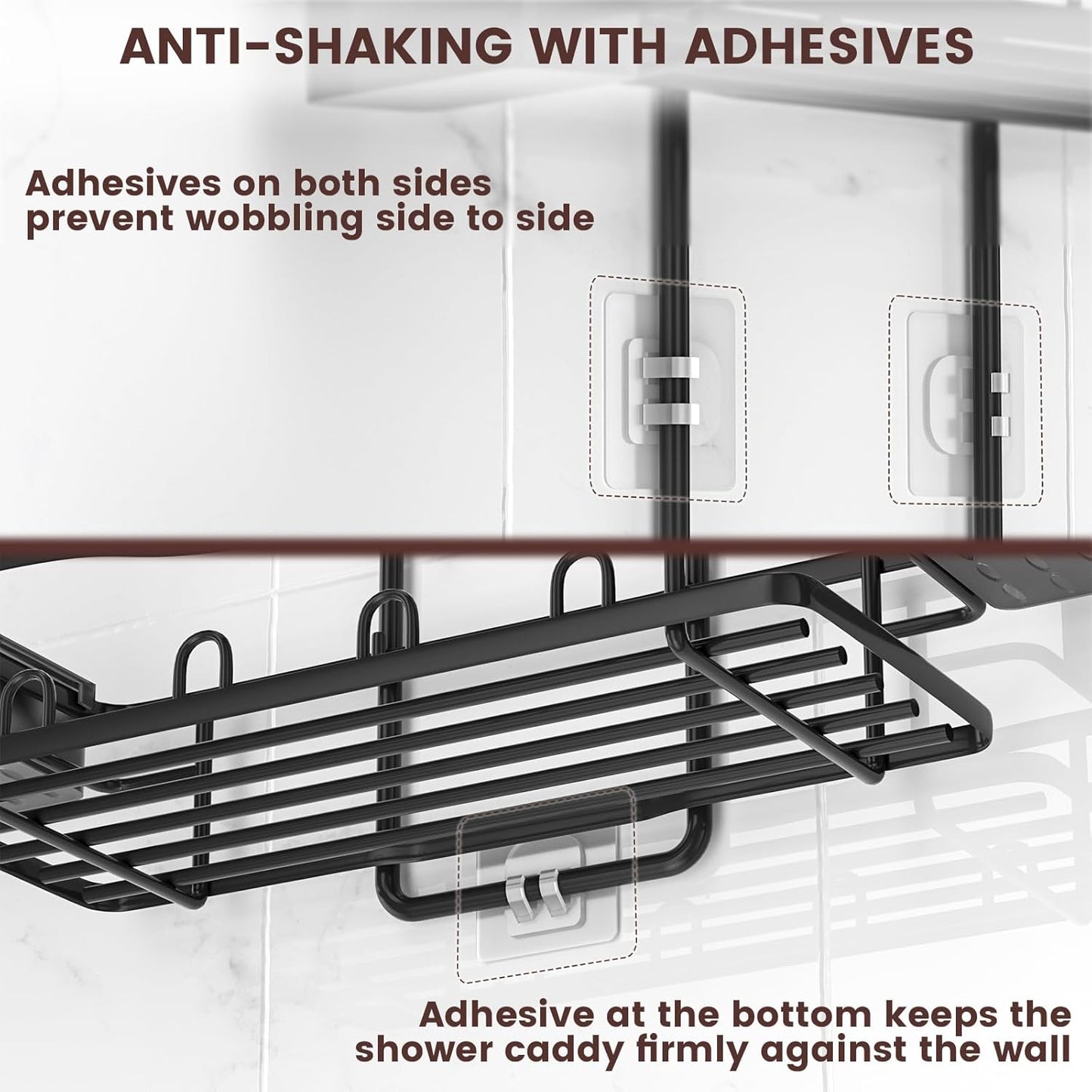Reinhardt Rustproof Shower Caddy - Anti-Swing Organizer with Soap Holder & Hooks | Black