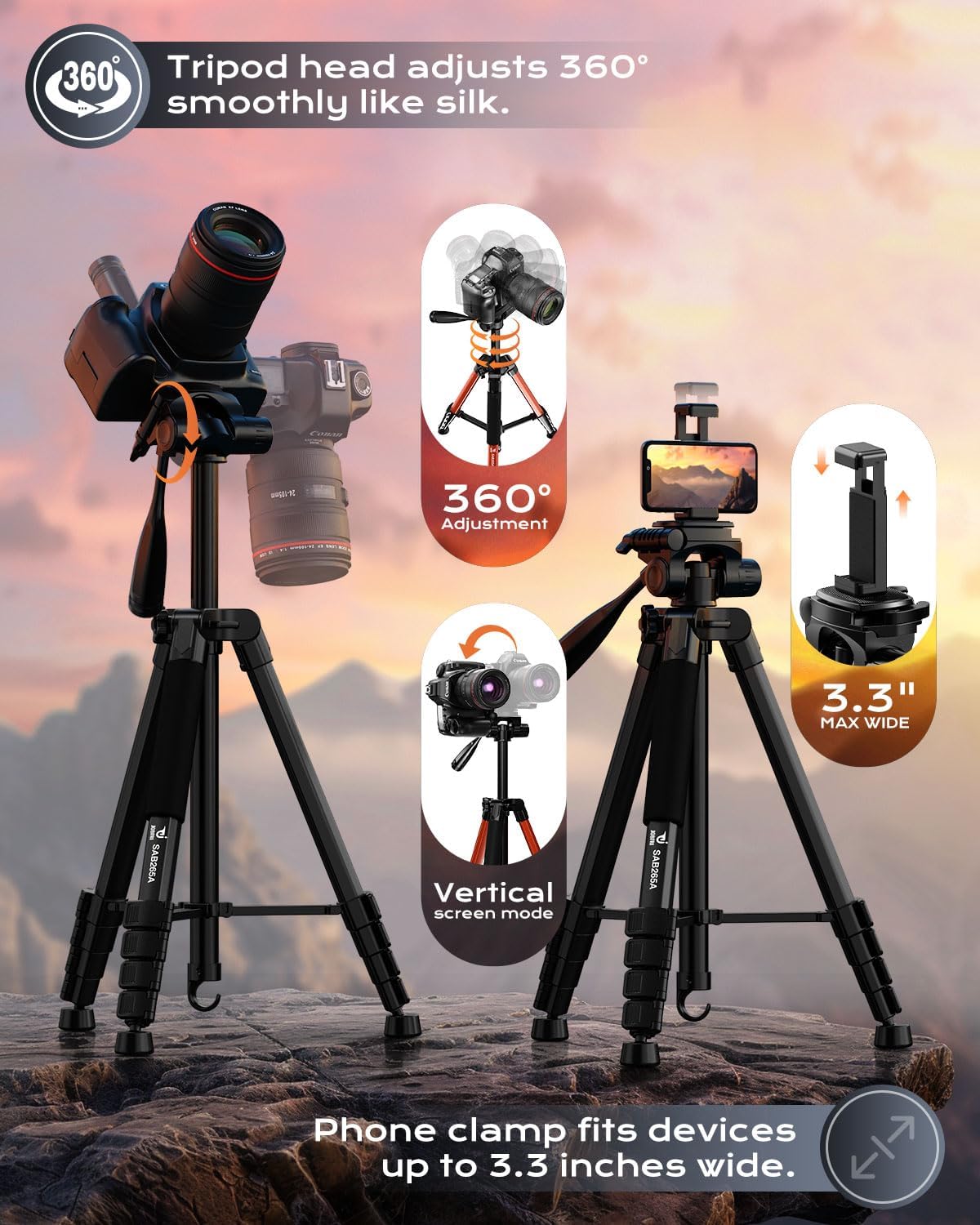 JOBFRI 73" 8.8 lbs Camera Tripod for Camera and Phone, Aluminum Travel Tripod for iPhone, DSLR Tripod with Phone