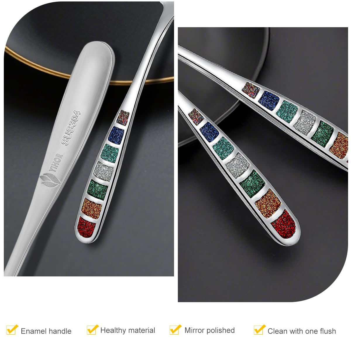 YIHOR Premium 7.24" European Soup Spoons, Stainless Steel creative colorful enamel spoon drinking spoon, Dishwasher Safe Disinfection cabinet Set of 6