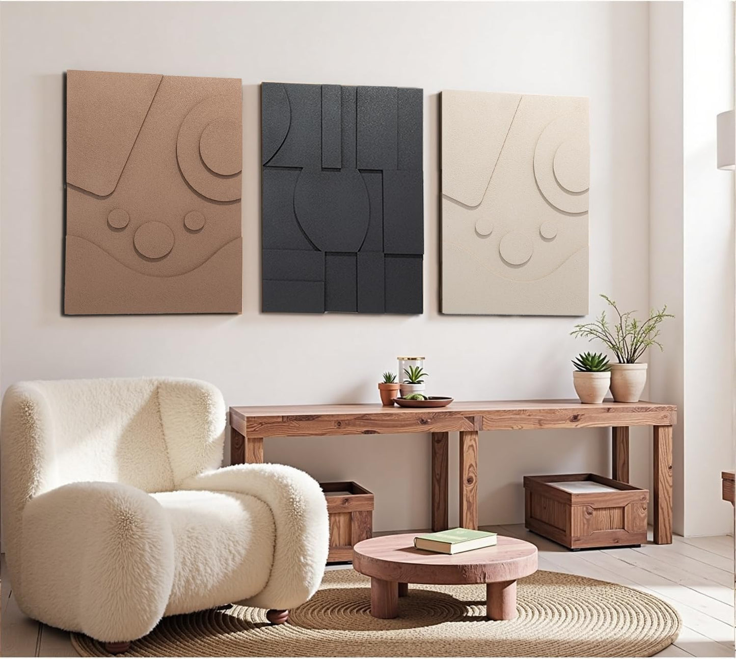 OIUYTOH 3D Textured Abstract Wall Art - Modern Black & Beige Geometric Design | 24x36 Inch Decor for Living Room, Dining Room, Bedroom, Office