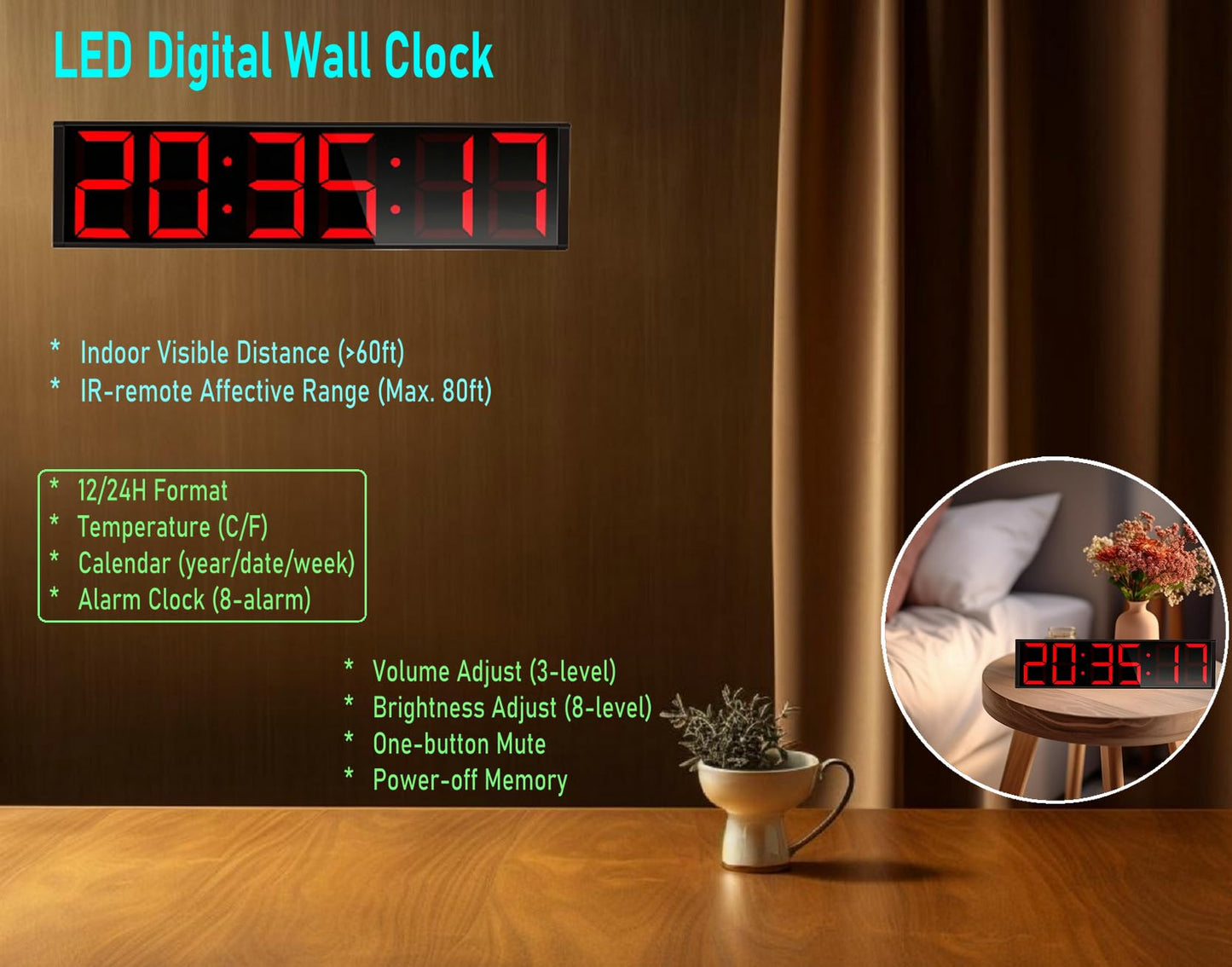 Boyiit 26'' Extra Large Home Gym Timer Clock, Programable Workout Interval Timer, Digital Wall Clock, with 7-Color Night Light, 8 Alarm Clocks, Calendar/Temperature, Countdown & Stopwatch (Red)