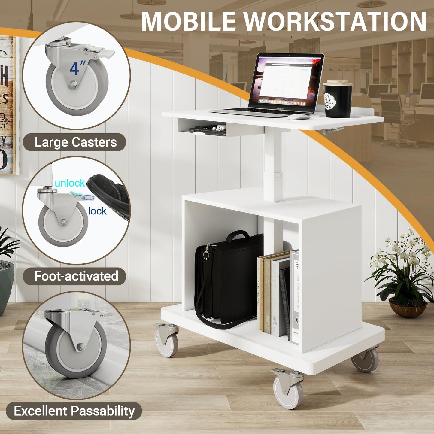 Natwind Mobile Workstation, Rolling Laptop Cart with Large Surface & Pneumatic Height Adjustable Design, for Medical Hospital Clinics, Office Presentation, Teachers Podium, with Drawer & Open Cabinet