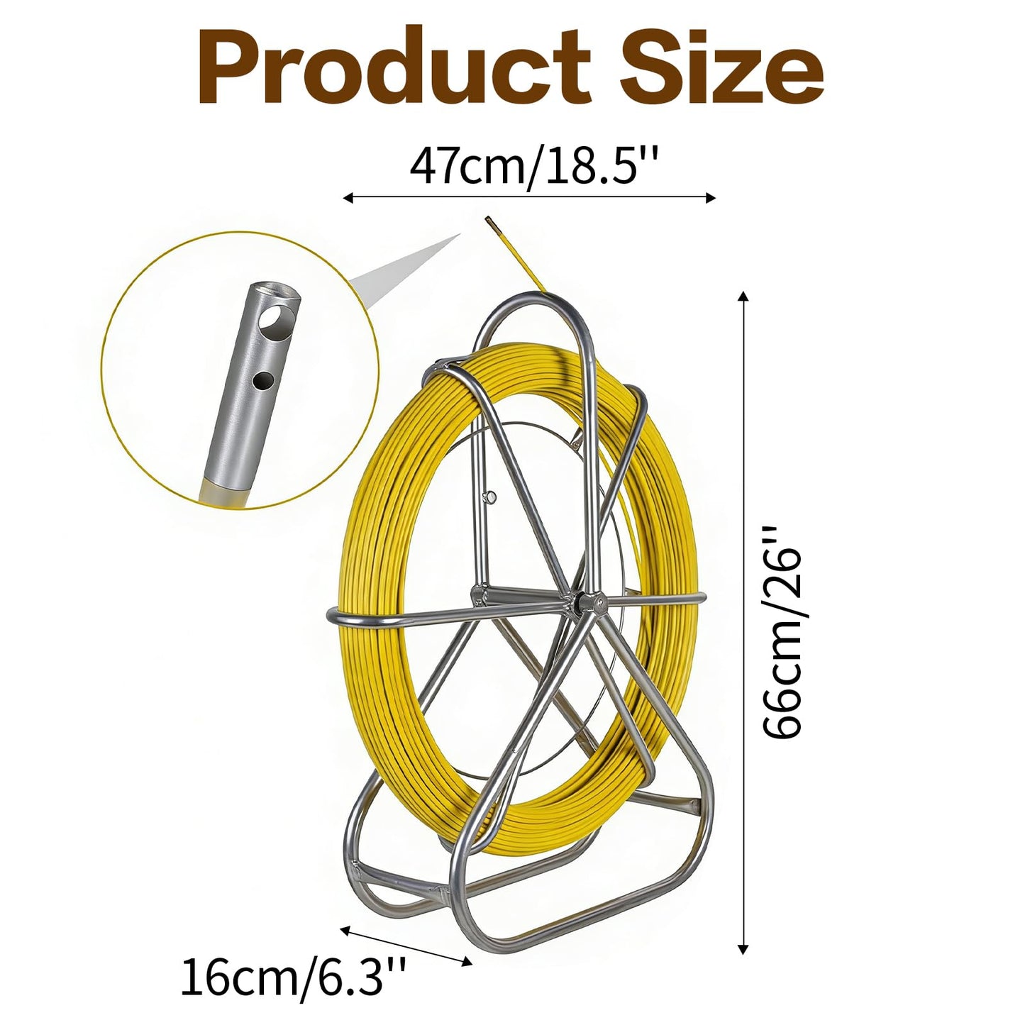 Fish Tape Fiberglass 6MM 425FT,Electrical Fish Tape Cable Running Rod with Steel Reel Stand, Fishing Tools for Walls & Electrical Conduit
