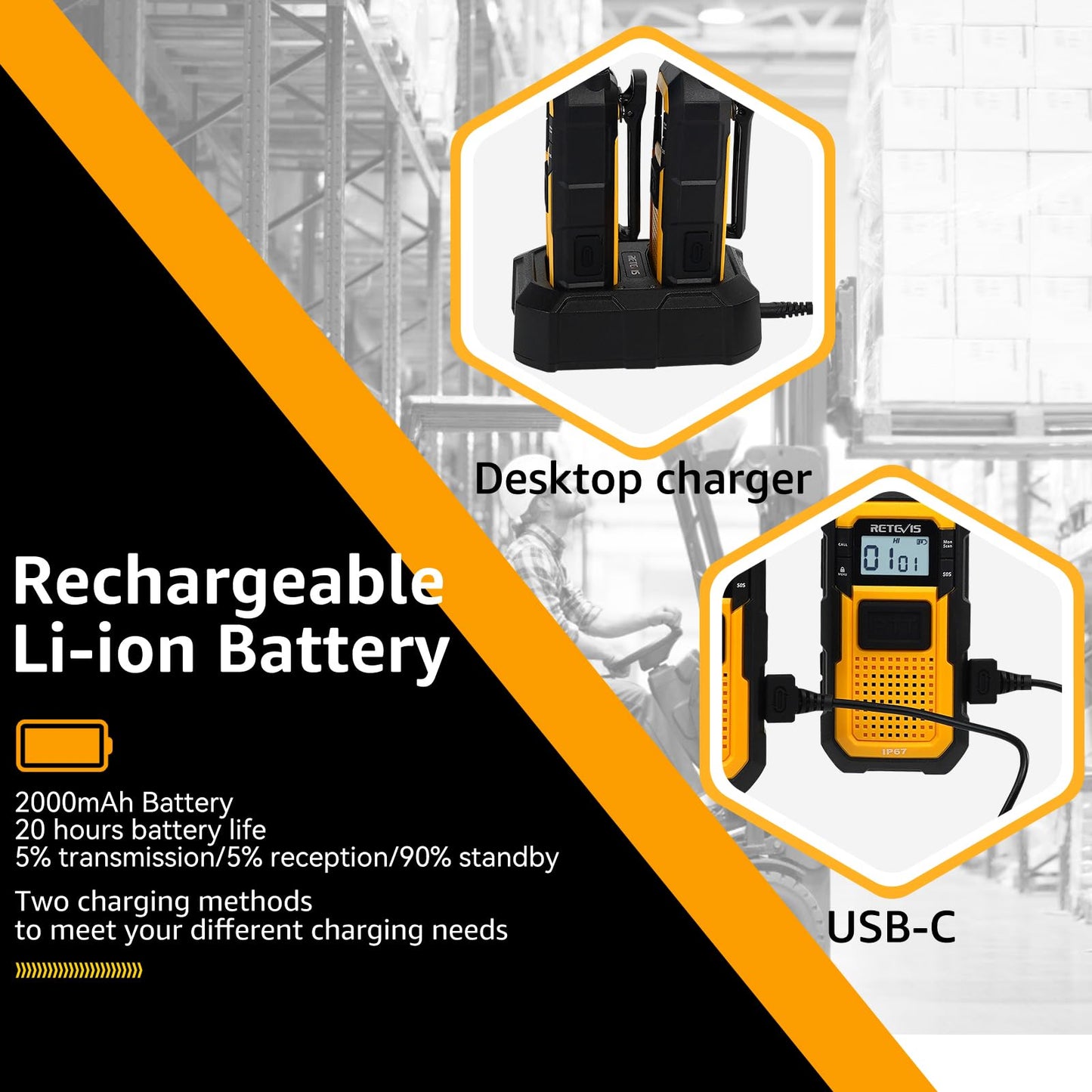 Retevis RB48 IP67 Waterproof Walkie Talkies Long Range, MIL-STD-810H Heavy Duty Two Way Radio, Rugged & Large Front PTT, Vibration Alert, NOAA, Floating, for Construction Job Site (4 Pack) Yellow