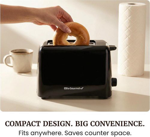 Elite Gourmet 2-Slice Toaster - Cool Touch Design, 6 Browning Levels, Extra Wide Slots for Bagels, Black
