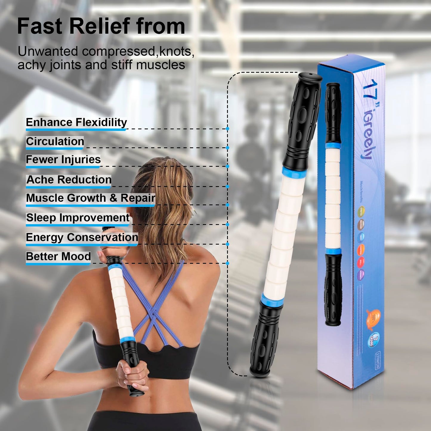 iGreely Premium Muscle Roller the Ultimate Massage Roller Stick 17 Inches Recommended By Physical Therapists Promotes Recovery Fast Relief for Cramps Soreness Tight Muscles-White