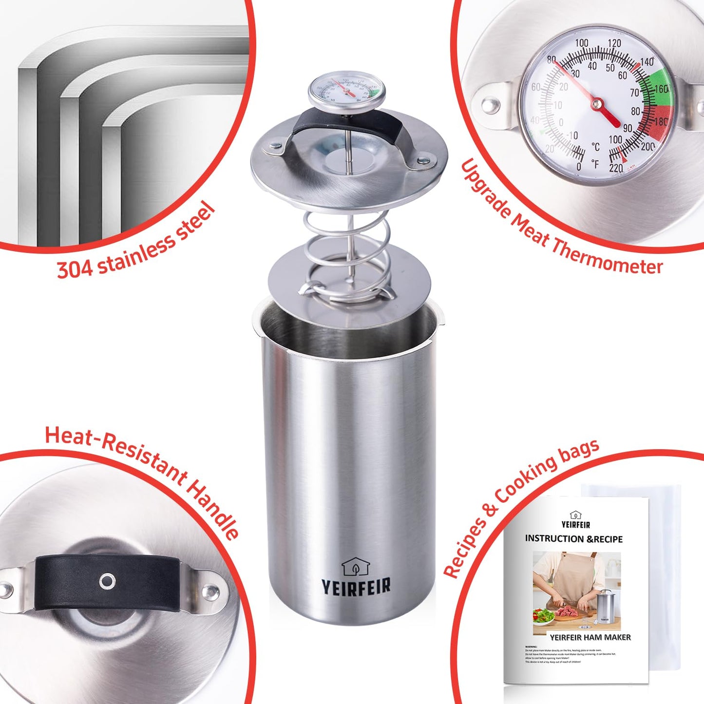 Ham Press with Large Dial Thermometer, 304 Stainless Steel Deli Meat Maker with Cool-Touch Handle for Homemade Healthy Lunch Meat, Includes 20 Cooking Bags & Recipes - YEIRFEIR