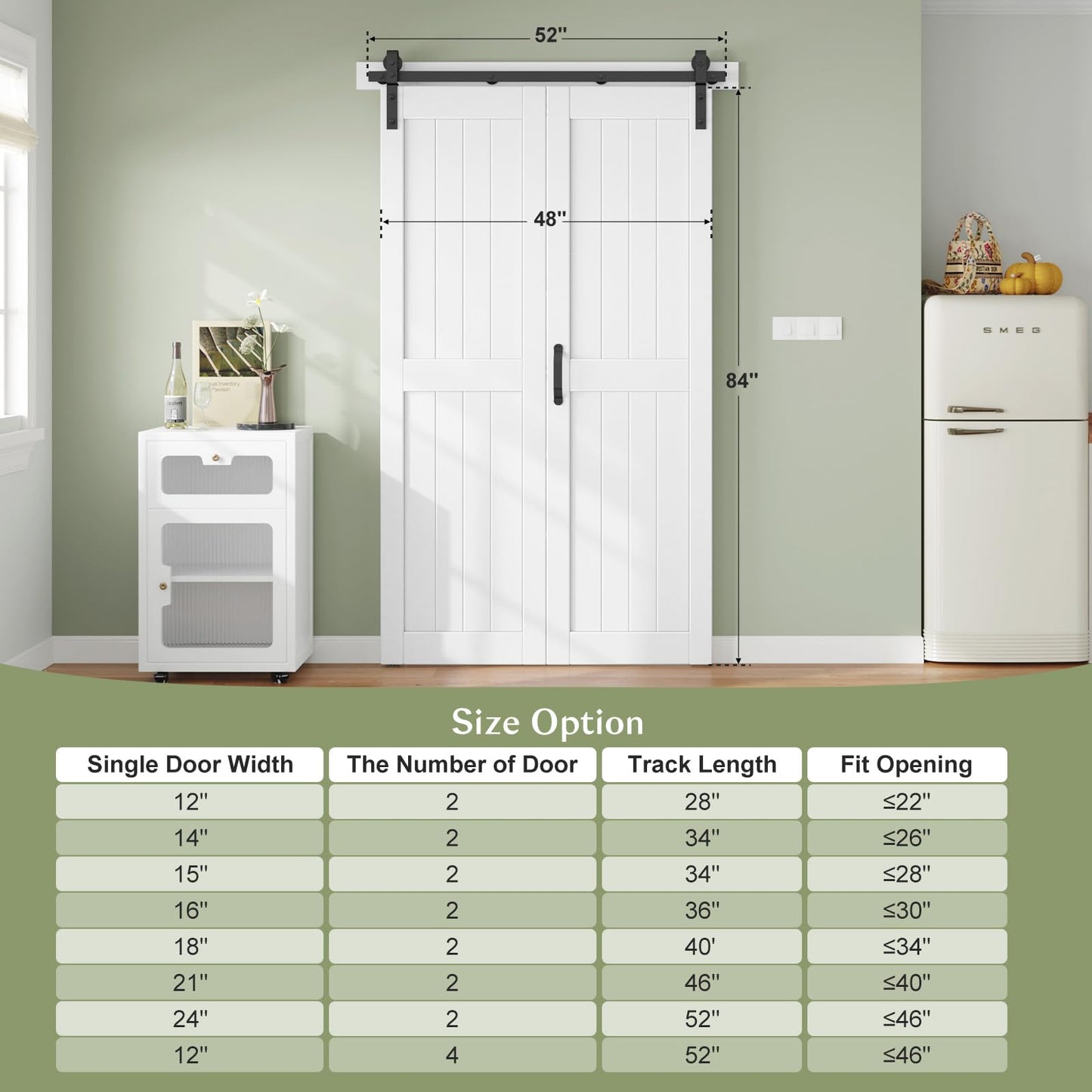 Finosen Bifold Barn Door 48 x 84 in (Double 24 inch)，Bi-fold Sliding Closet Doors with Hardware Track kit Included, 4.3ft Rail for 2 Doors, MDF Wood Panel,PVC Surface, Save Space,DIY Assembly, White