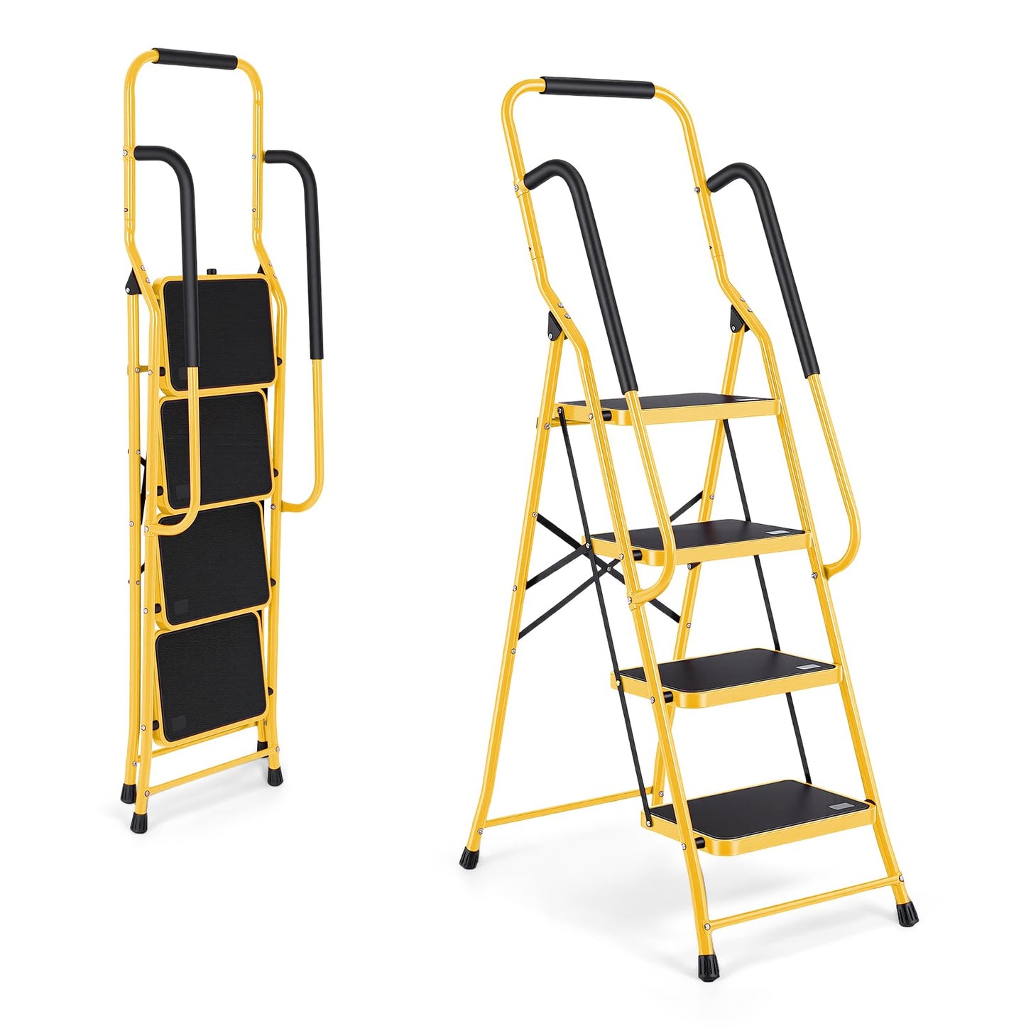 Step Ladder 4 Step Folding with Handrails, Sturdy Steel Portable Ladder, Folding Step Stool with Wide Anti-Slip Pedal, Lightweight Step Stool Foldable for Library Home Garage Office,Yellow