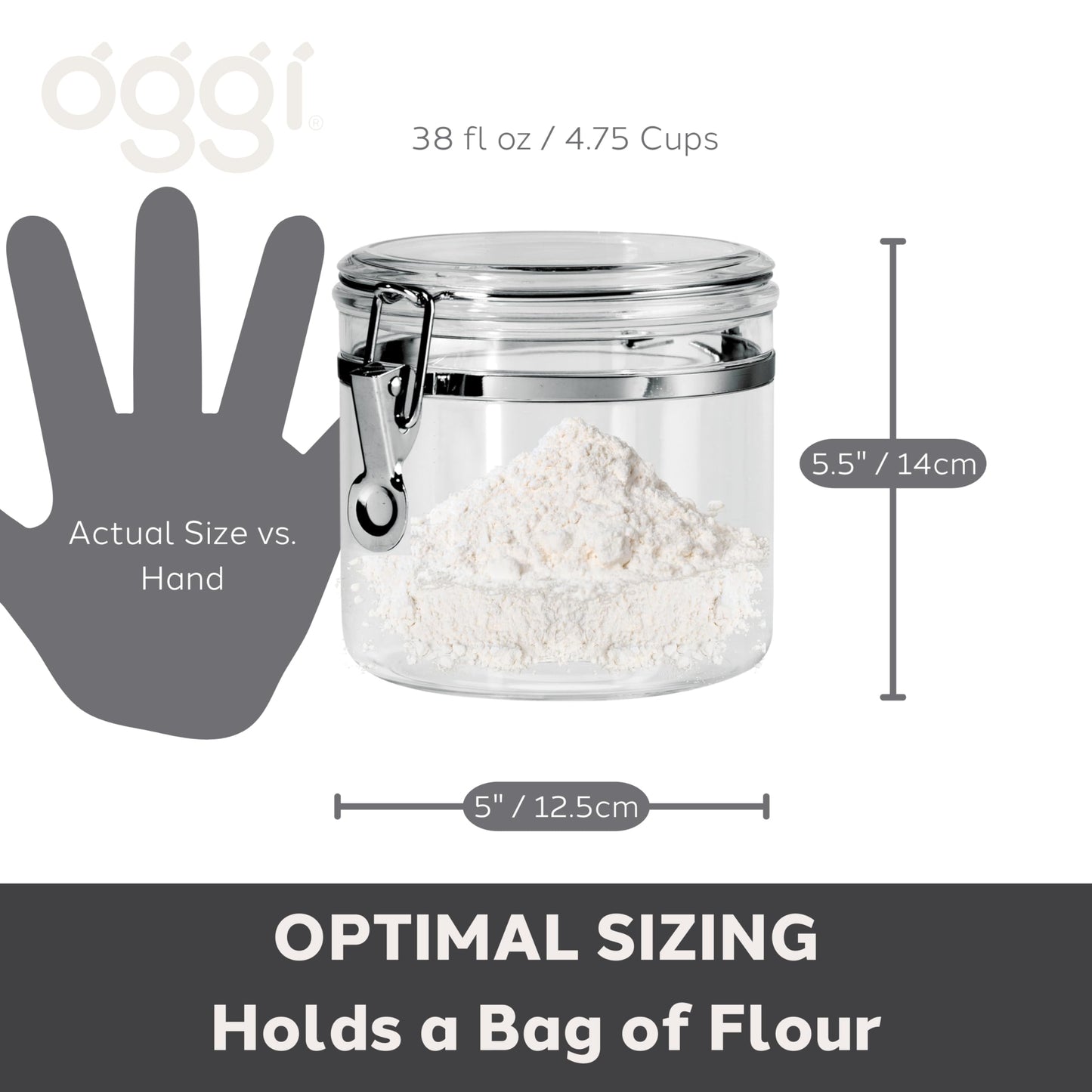 Oggi Clear Canister with Clamp Lid, 38 oz - Large Airtight Food Storage Container, for Kitchen & Pantry Storage of Bulk, Dry Foods Including Pasta, Flour, Sugar, Coffee, Rice, Tea, Spices & Herbs