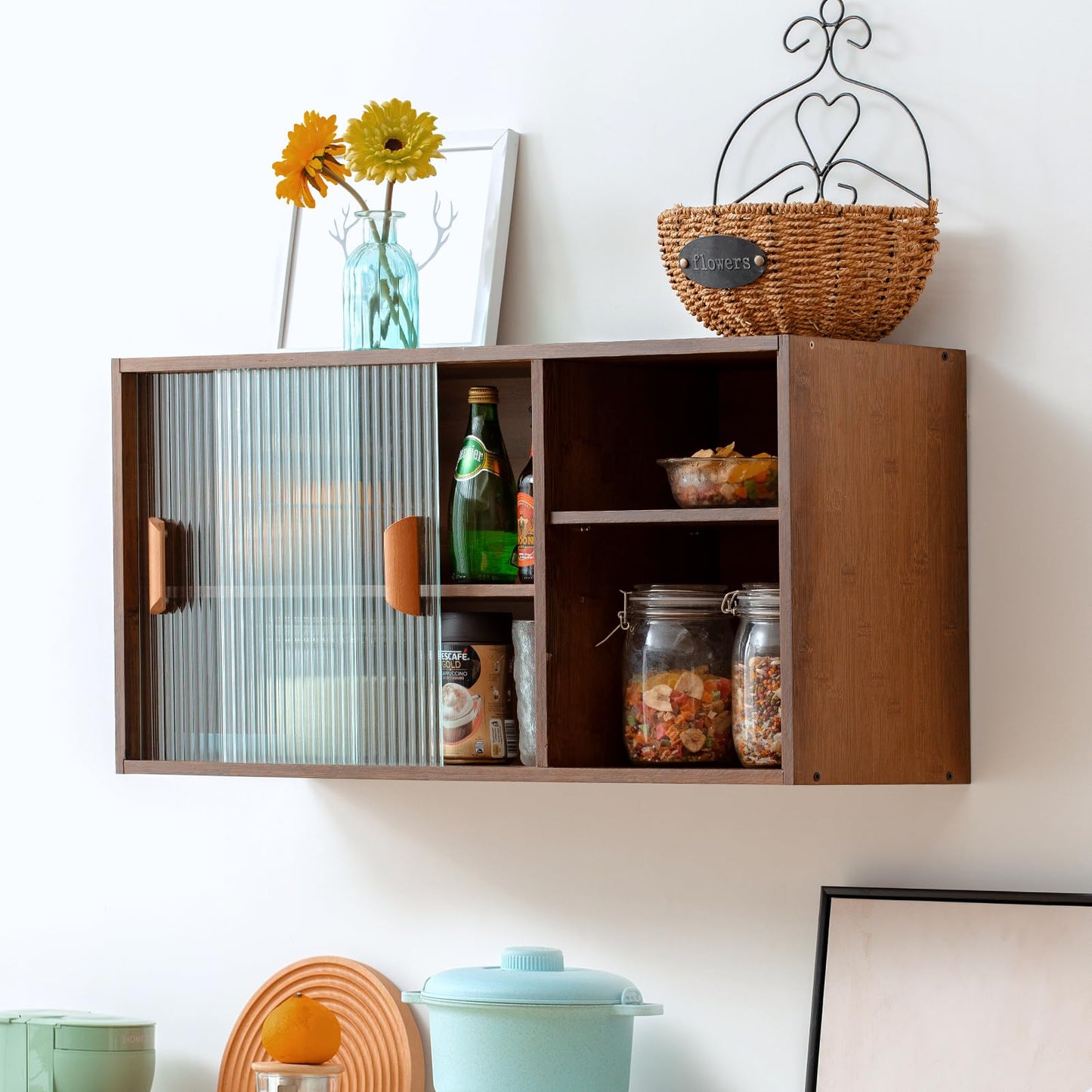 HollyHOME Bamboo Wall Mounted Kitchen Sideboard with 2 Glass Doors and Adjustable Shelves, Freestanding Wall Storage Cabinet with Side Shelf for Bottle, Dish, Bowl, Console Dining Cupboard, Walnut