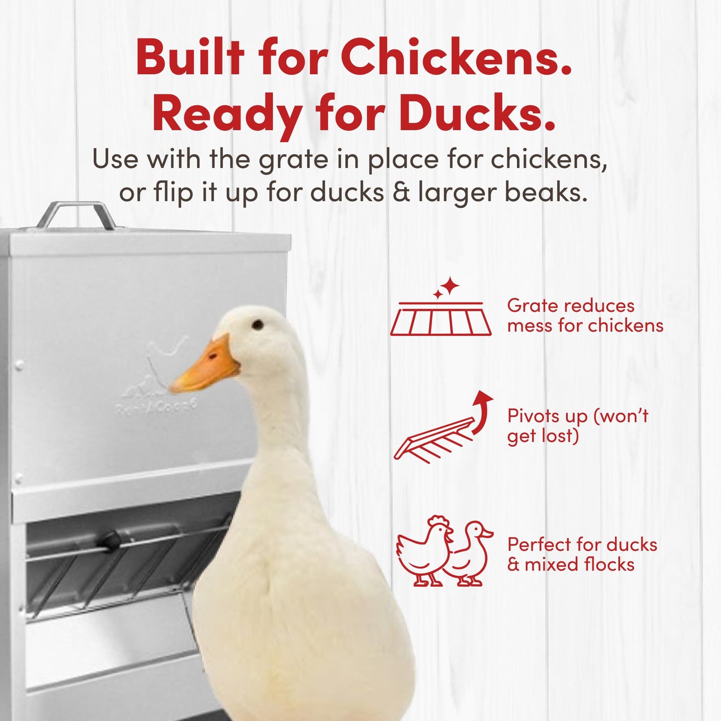 RentACoop Metal Trough Feeder with Lid & Rain Cover – Galvanized Steel, Gravity-Fed – Side View Window – Moveable Grate for Easy Cleaning – Suitable for Chickens, Ducks, Poultry & More – 50lb Capacity