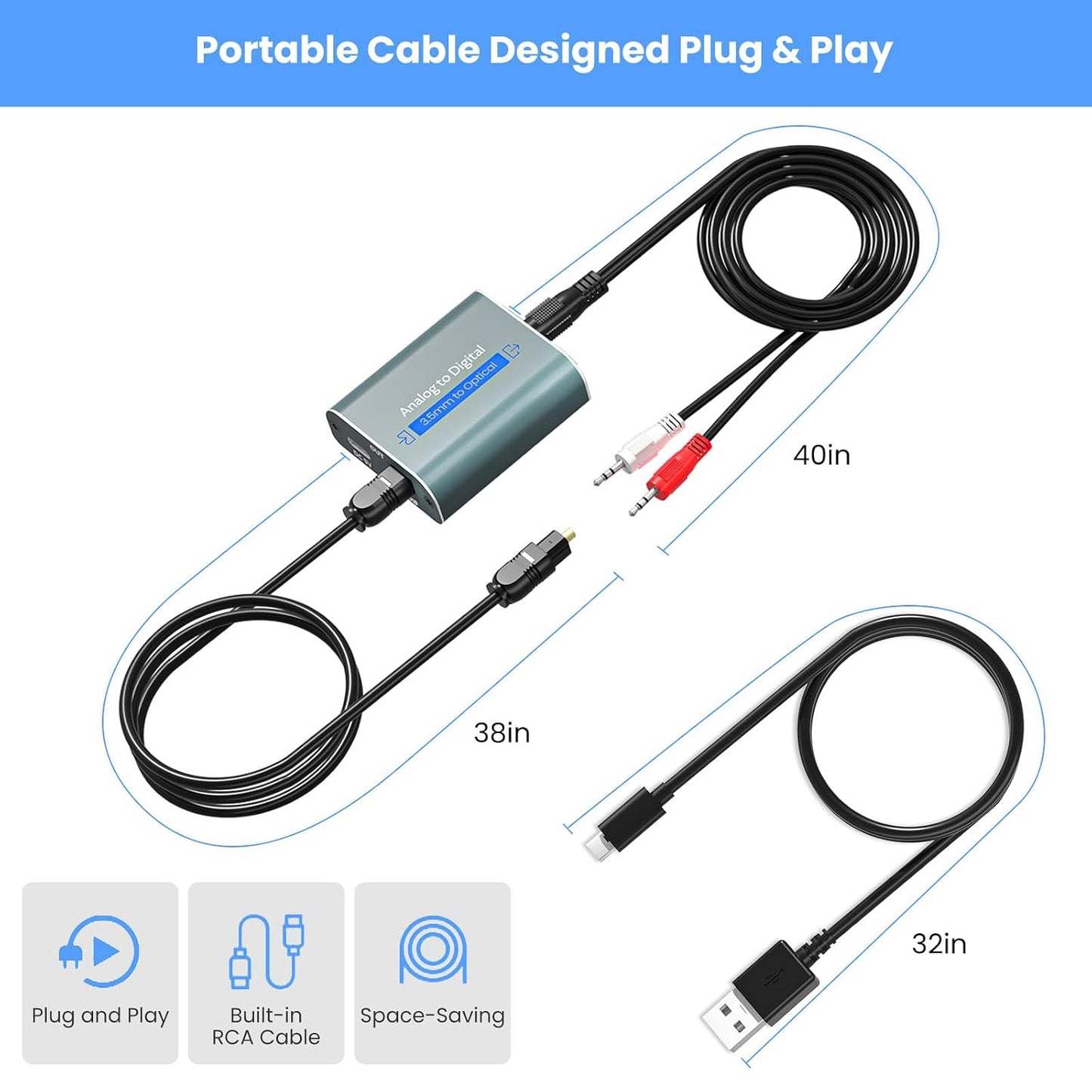 3.5mm 3.5mm to Optical Adapter Aluminum RCA to Optical Audio Converter Analog to Digital Audio Converter with Cable AUX