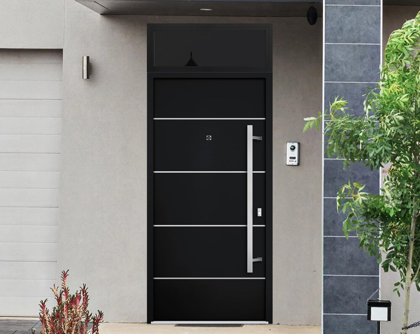 VDOMDOORS Front Exterior Prehung Steel Door/Deux 6083 Black Enamel/Top Exterior Window Sidelite/Stainless Inserts Entry Metal Modern Painted W36 x H80+16" Left Hand Inswing