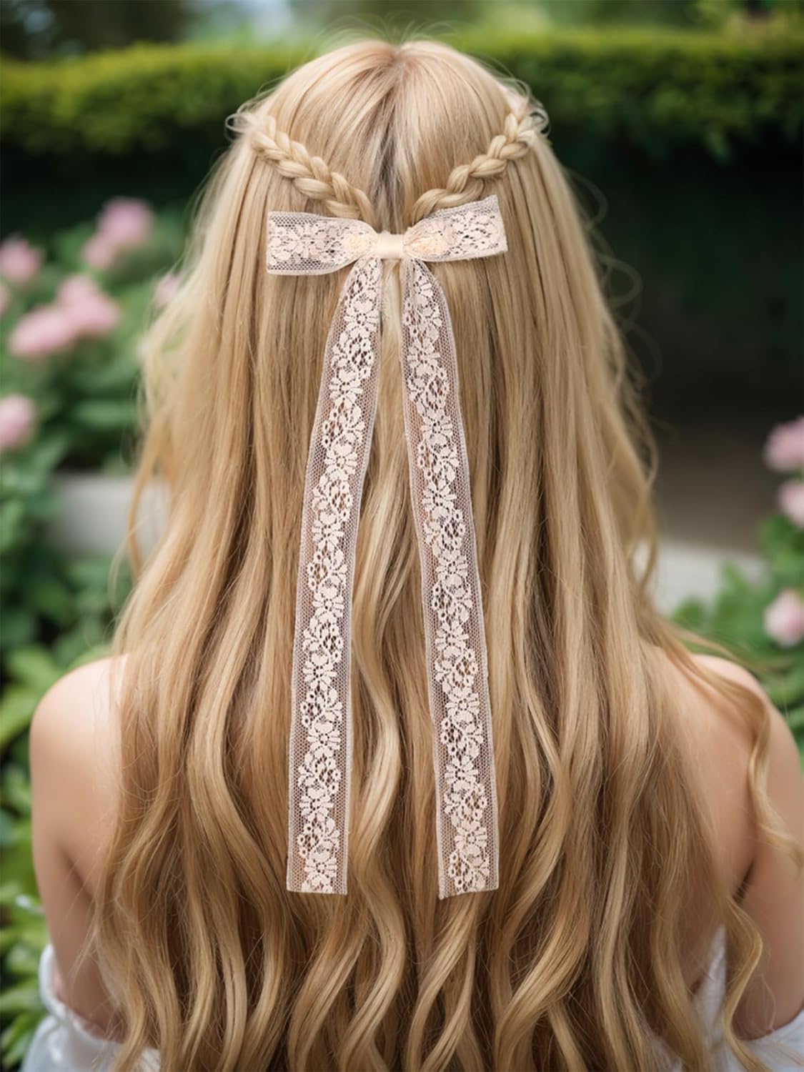 Skiennix White Lace Tulle Hair Bows - Long Tail Ribbons & Tassel Barrettes for Women