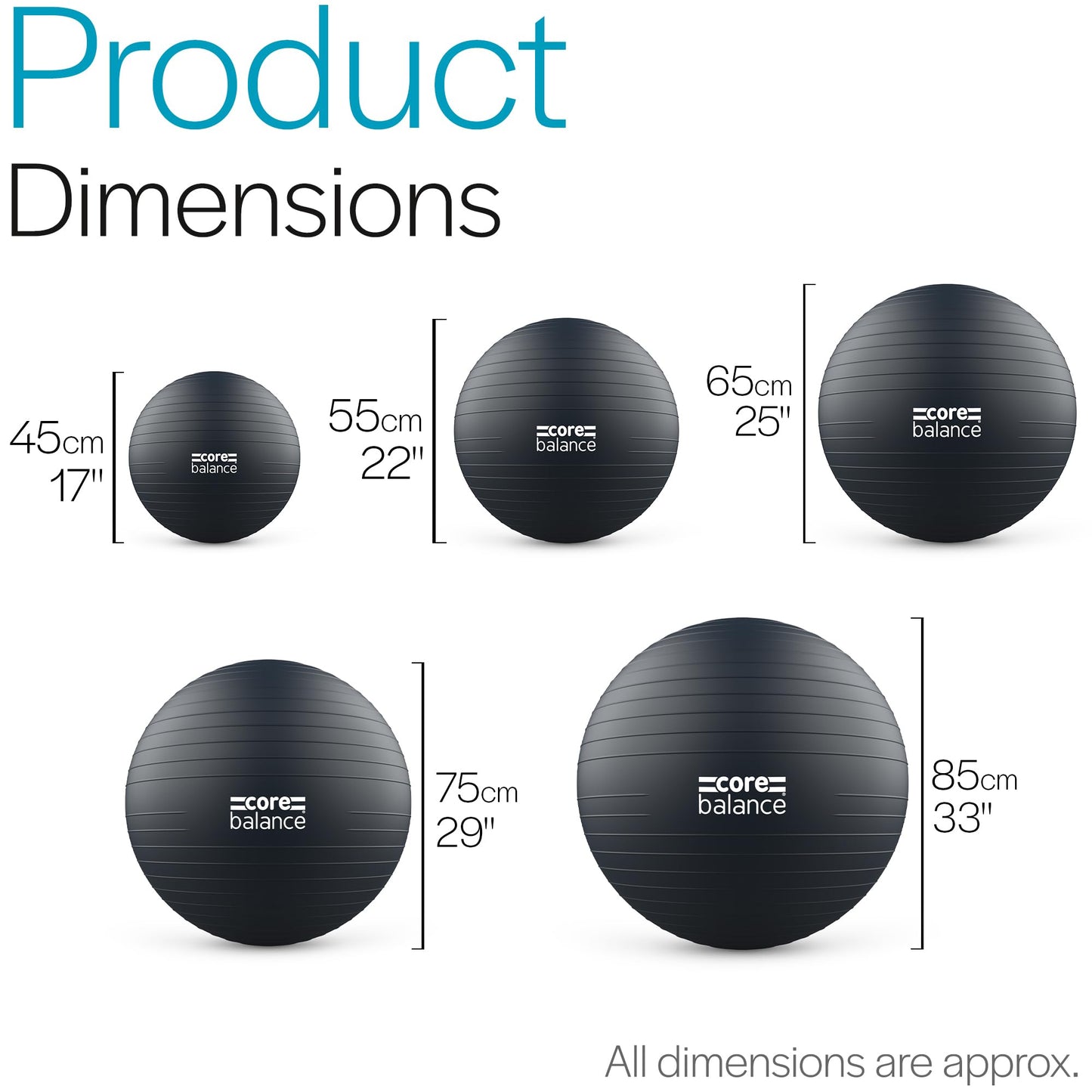 Core Balance Exercise Ball for Workouts, Anti-Burst and Slip Resistant, Swiss Yoga Ball for Pregnancy, Stability, Fitness and Physical Therapy, 4 Sizes, with Pump (33" / 85cm Black)