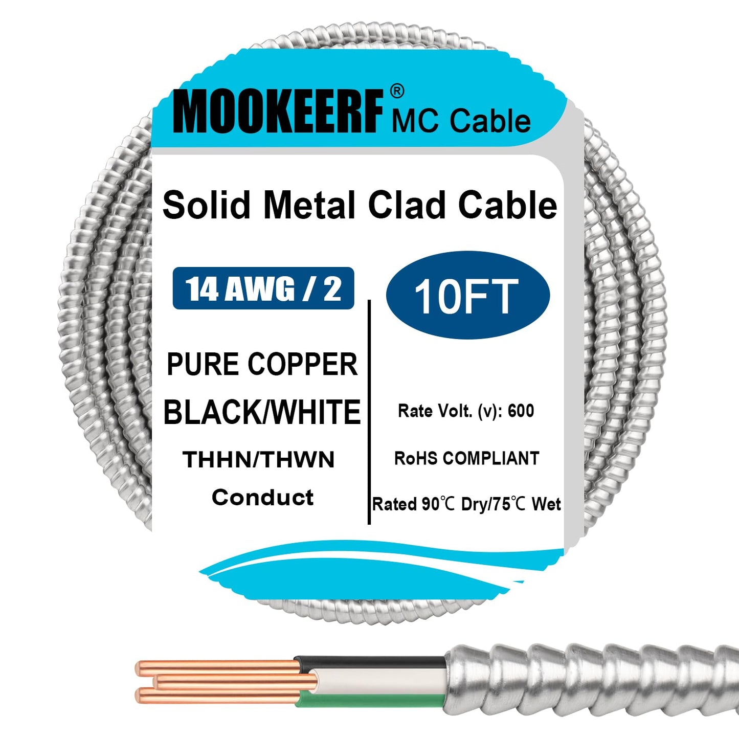 MOOKEERF 14/2 MC Cable with Ground - 10FT Pure Copper 14AWG/2 Metal Clad Wire with Aluminum Armor 14 Gauge 2 Conductor Type MC Alum Cable