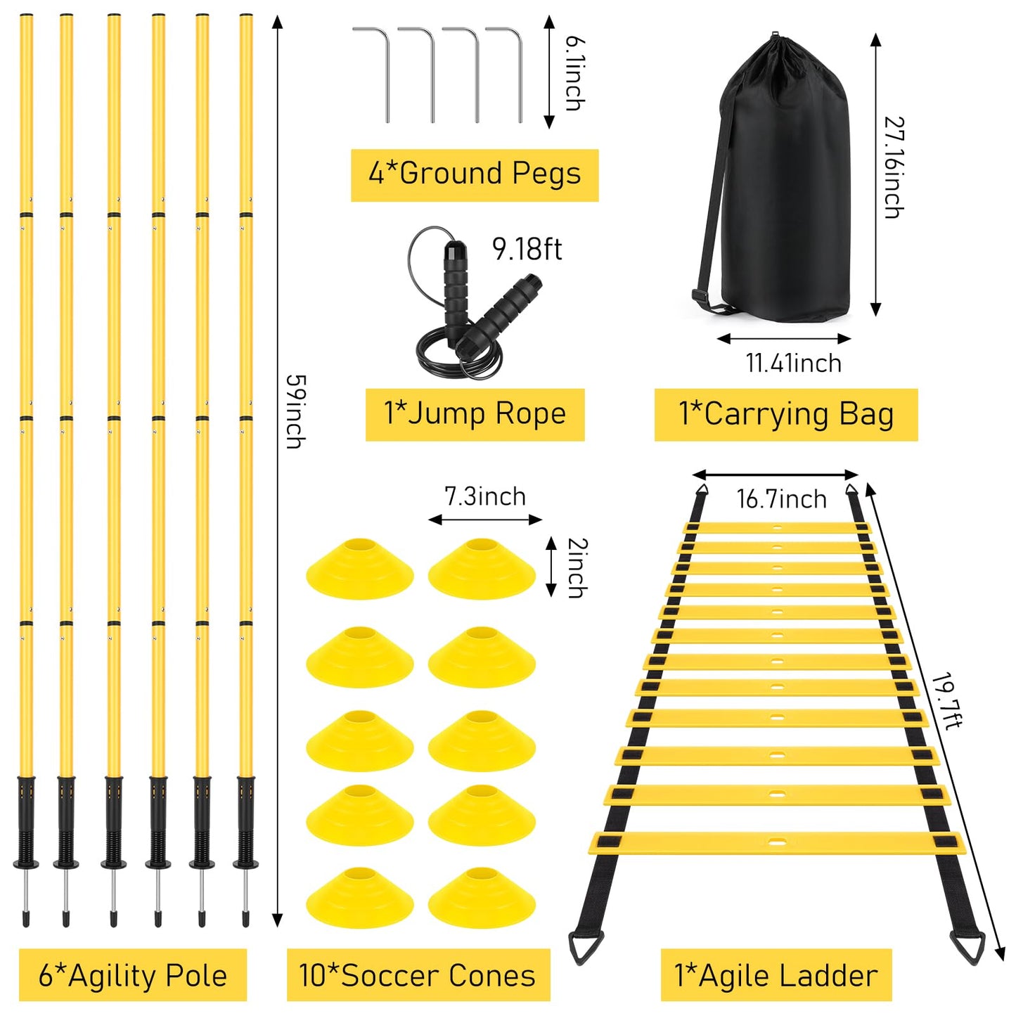 SMTPDT Soccer Agility Training Equipment: 6 Soccer Agility Poles, 20ft Agility Ladder, 10 Soccer Cones, 1 Jump Rope. Soccer Training Poles for Speed Training, Agility Training