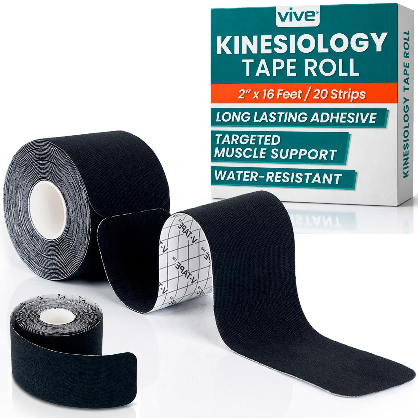Vive K Tape Roll, Precut Strips (2" x 16 Feet) - Pro Kinesiology Tape - Athletic Sports Tape for Knee, Shoulder, Ankle & Muscle Pain Relief - Waterproof Kinetic Kinesio KTape Wrap