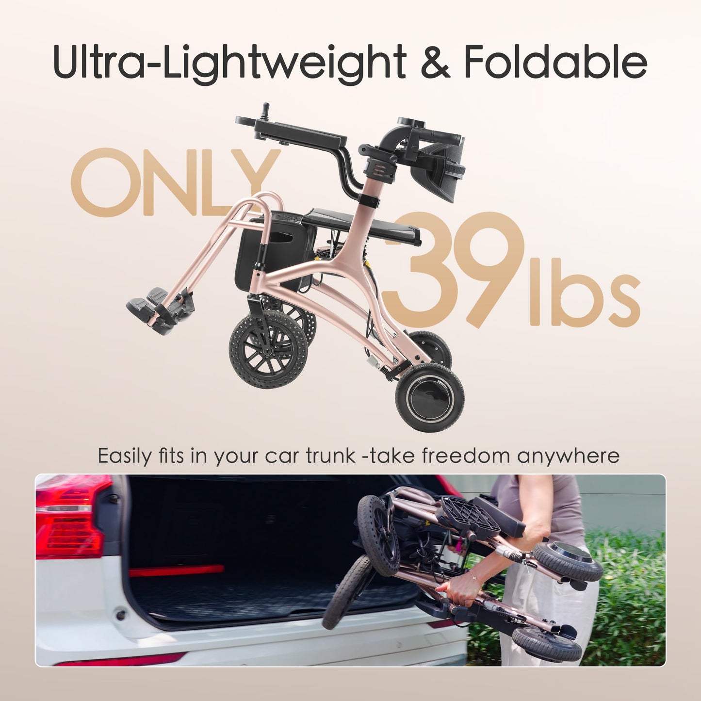 CARLIKE 3-in-1Lightweight Foldable Electric Wheelchair for Adults& Rollator Walker,Power Wheelchair Folding Portable Electric Wheelchair with Power Assist, Mobility Chair for Seniors(Pink Gold)