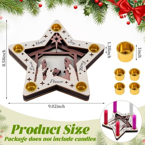 Advent Wreath Candle Holder - Wooden Nativity Scene with 5-Hole Star Design | Perfect Christian Table Centerpiece