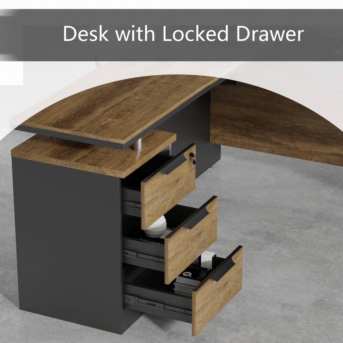 63 Inch L-Shaped Executive Desk Set of 4, Industrial Modern Wood Office Desk with 3 Drawers, Built-in Cable Management & Power Outlet, Real Wood Finish, Reversible Left/Right Return Home Workstation