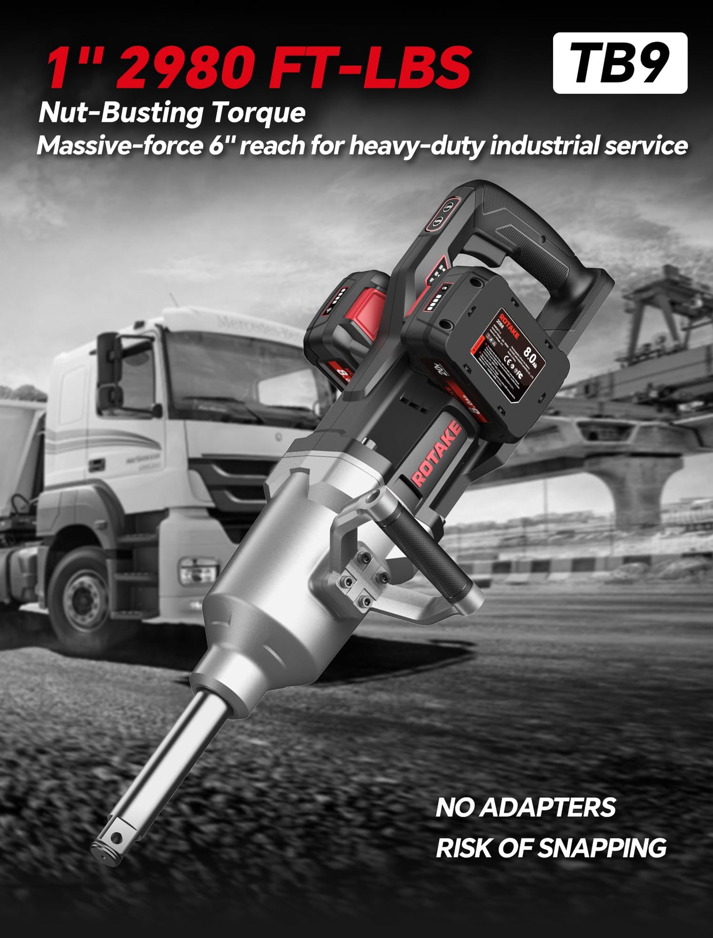 ROTAKE 1" Industrial Cordless Impact Wrench Kit, 2980 FT-LBS Nut-Busting Torque, 6-Inch Extended Reach, 40V Power (via Dual 20V 8.0Ah Batteries), High Torque Impact Gun, Dual-Port Charger, TB9