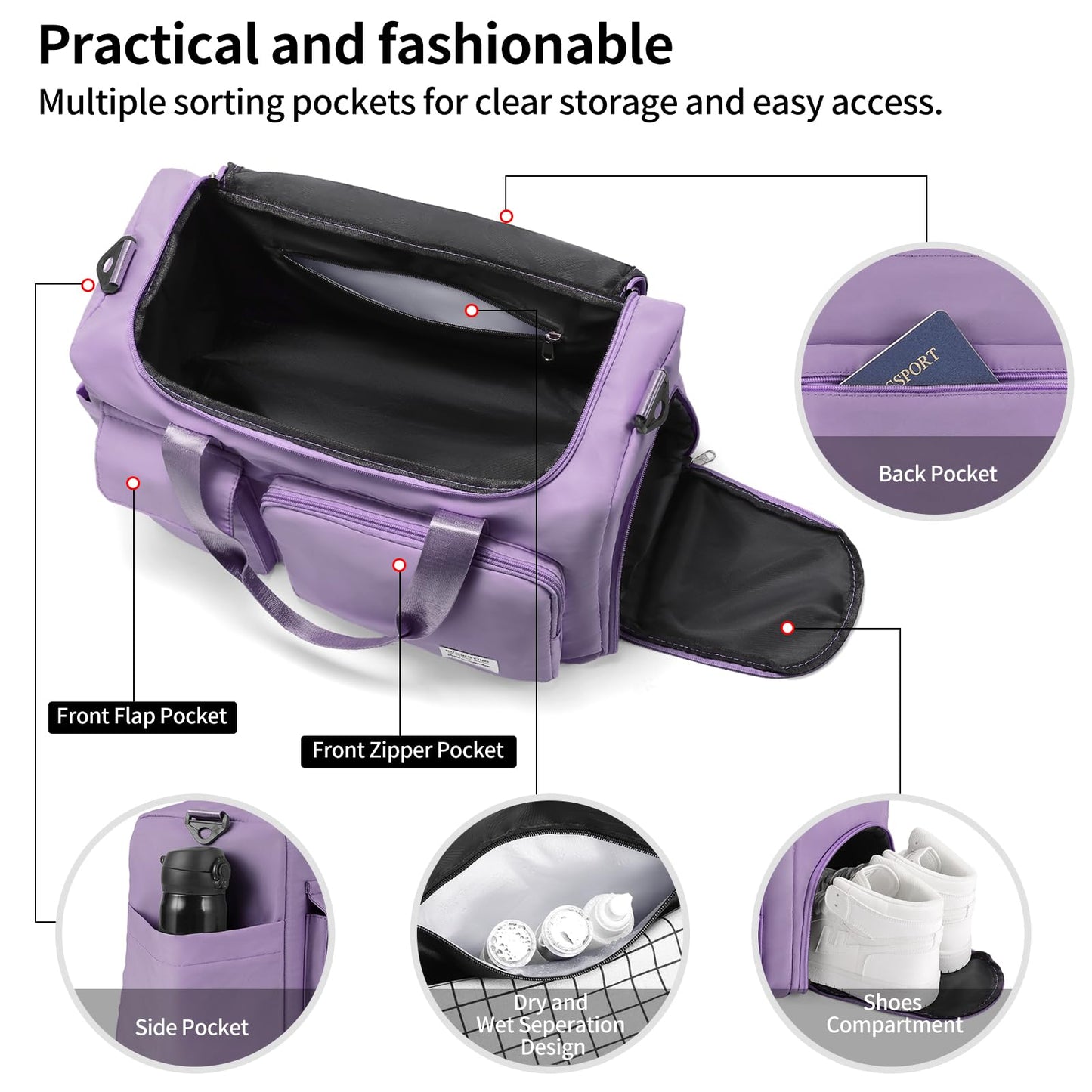 AMXNX Sports Gym Travel Duffel Bag For Women Shoes Compartment with Dry Wet Separated Pocket Weekender Bag Overnight Training