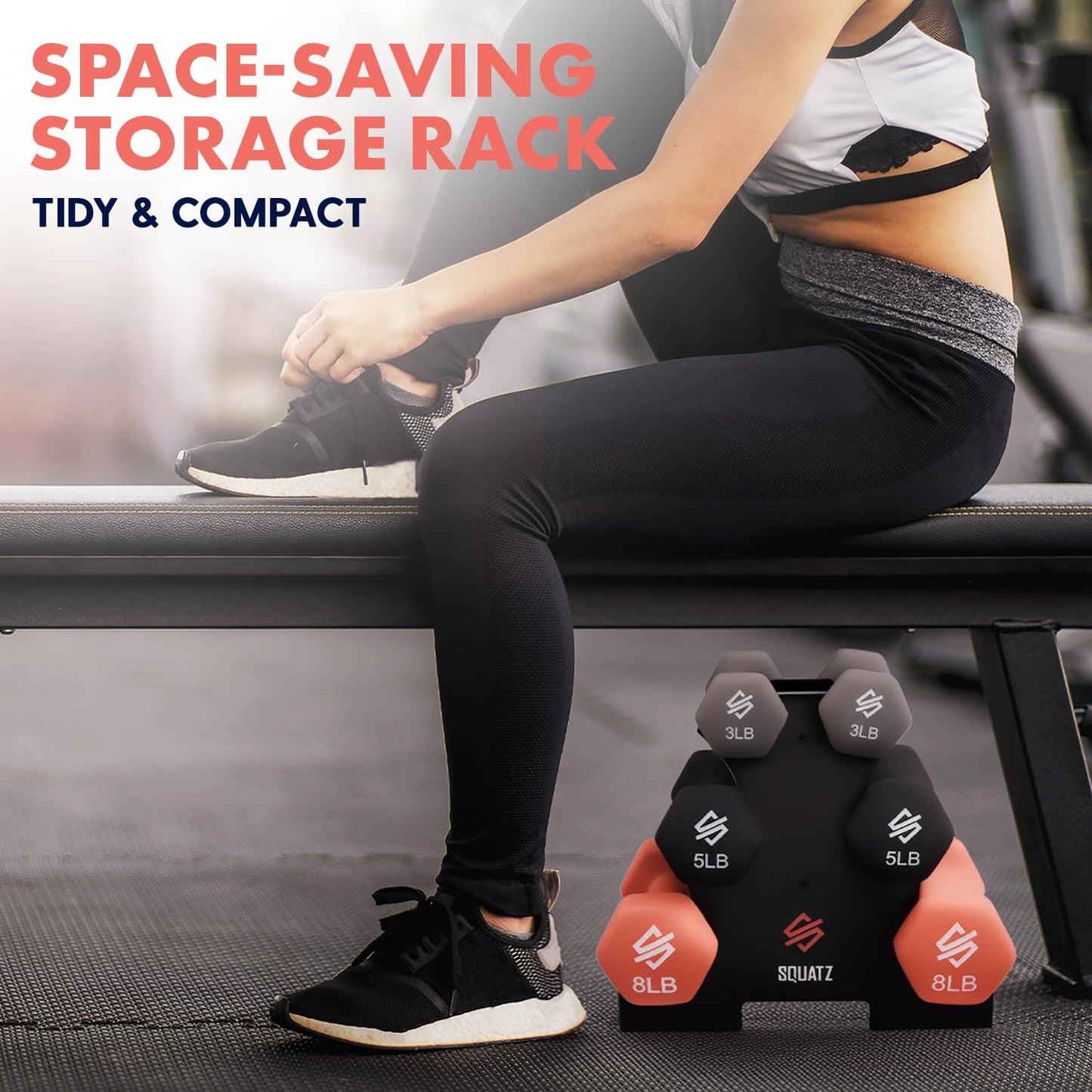 SQUATZ Dumbbell Weights Set with Stand, 32lbs Neoprene Coated Weights in Color Gray, Black, and Orange, Hex Shape Anti Slip and Roll Dumbbells for Exercise, Training, Fitness, Yoga