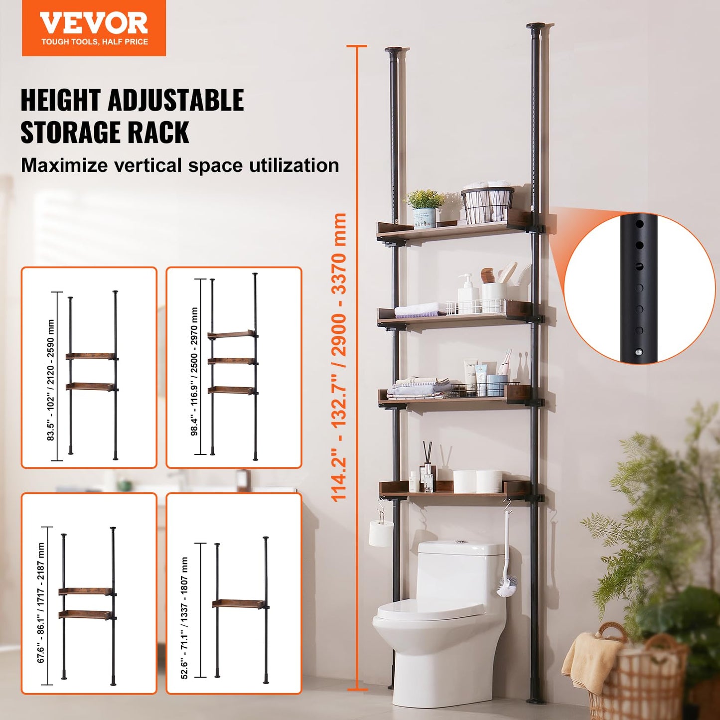 VEVOR Over the Toilet Storage, 4-Tier Adjustable Over Toilet Bathroom Organizer, Low-carbon Steel 53"-132" Tall Storage Shelf Rack, Easy Assembly Laundry Space Saver, for Small Rooms, Fit Most Toilets