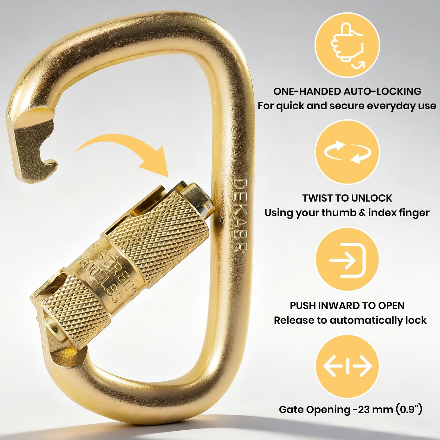 DEKABR Heavy Duty Alloy Steel Auto-Locking Climbing Carabiner - 45KN Twist Lock Carabiner for Rock and Tree Climbing, Quick Release, Rescue, and Mountaineering. ANAB Certified, Large, Gold (5 Pack)