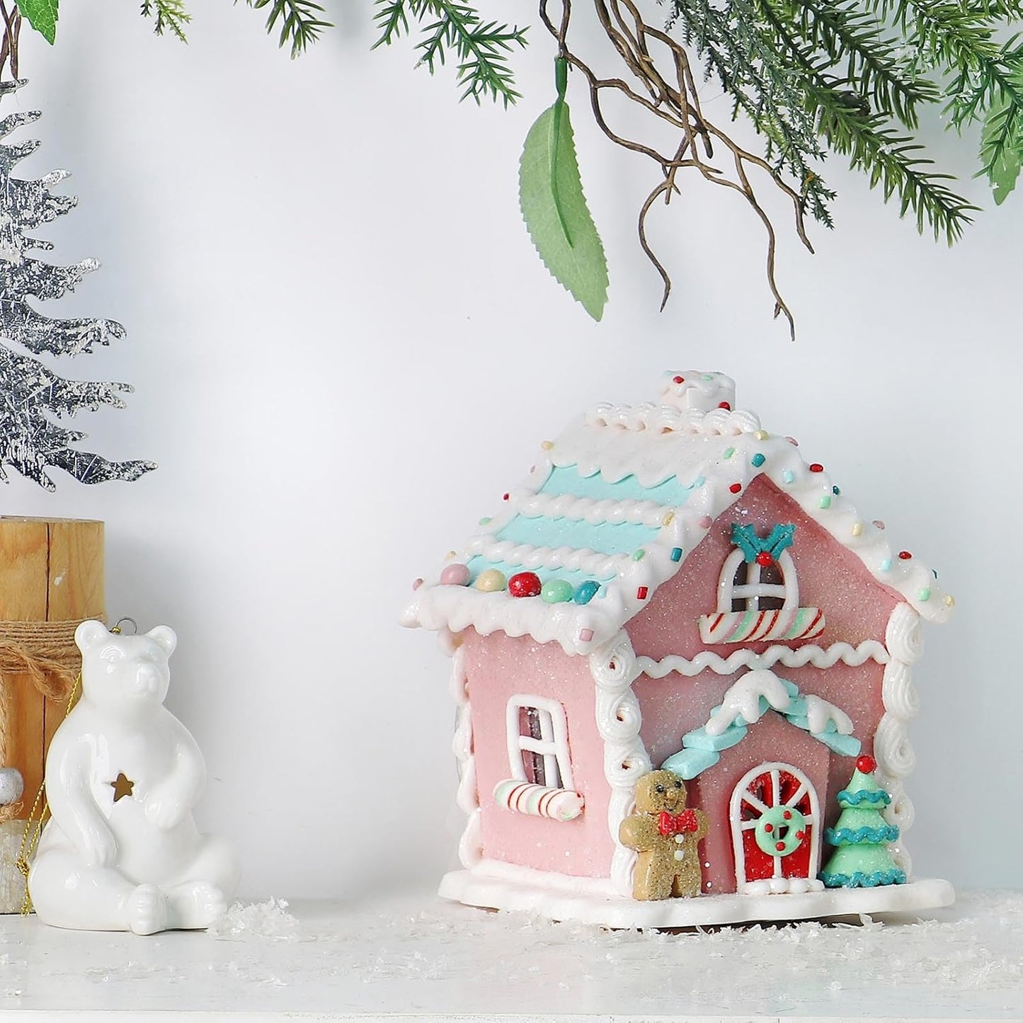 Regine Switzerland LED Gingerbread House Christmas Decorations - 5.9" Ornaments with Cookie & Pine Tree
