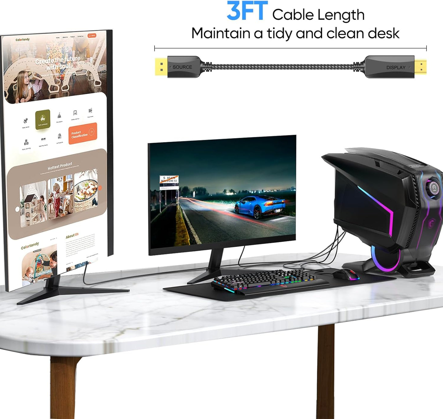 3ft, 2-Pack 4K UHD(4K, 2K, 1080P) Thin DisplayPort to HDMI Cable Display Port DP to HDMI Cable Adapter Male Cord
