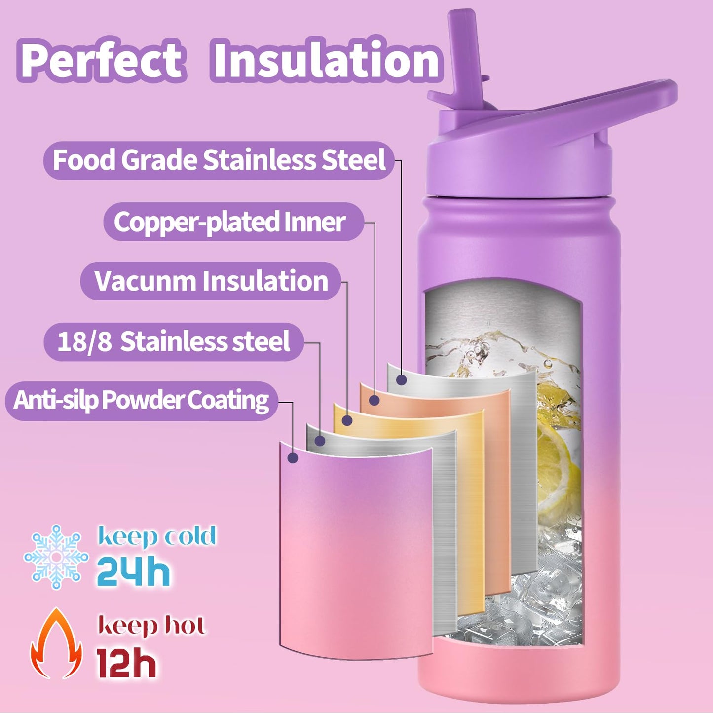 mininoo Kids Water Bottle for School, 16oz Stainless Steel Insulated Water Bottle Kids with Straw Lid for Girls, Boys (Purple/Pink)