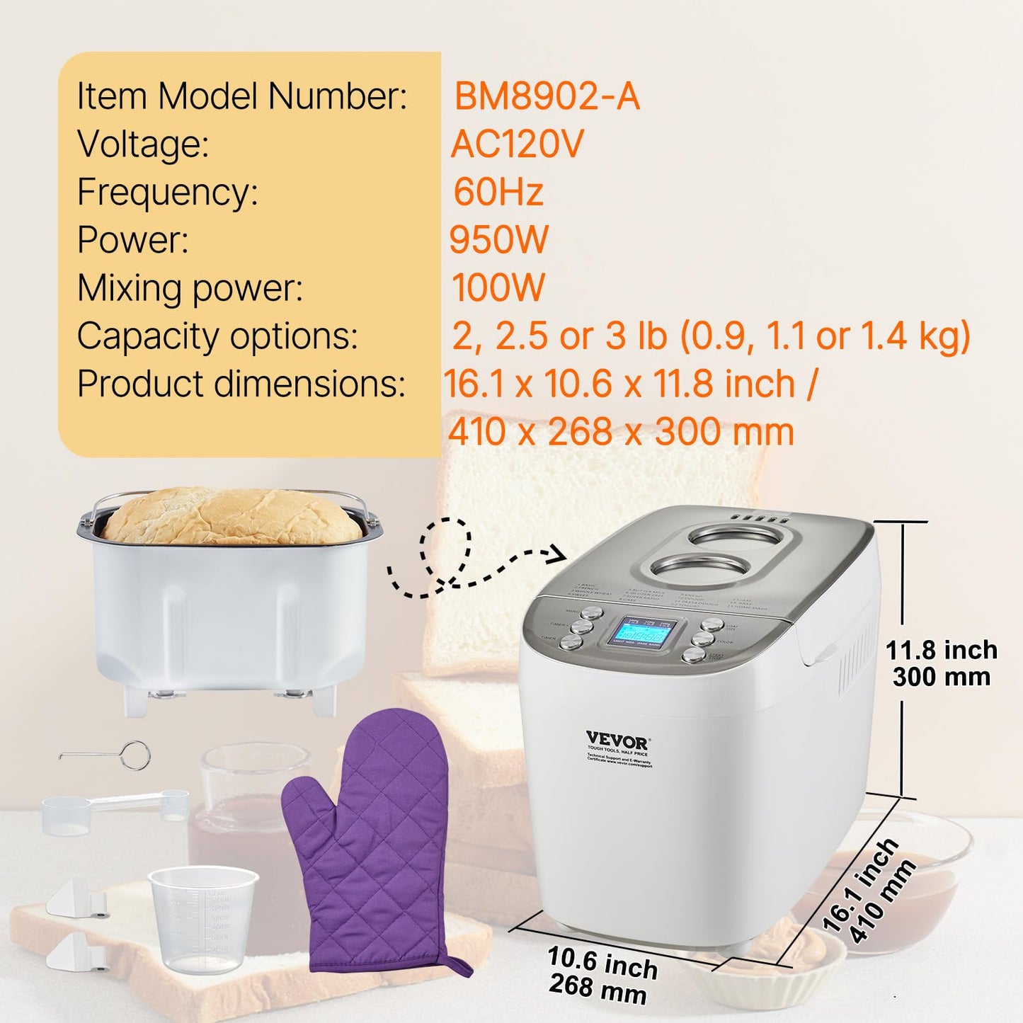 VEVOR Bread Maker, Dough Machine 15 Menus in 1, Non-Stick Ceramic Pan Automatic Breadmaker with Non-Gluten Setting, Whole Wheat Bread Making, Digital, Programmable, 3 Loaf Sizes, 3 Crust Colors, White
