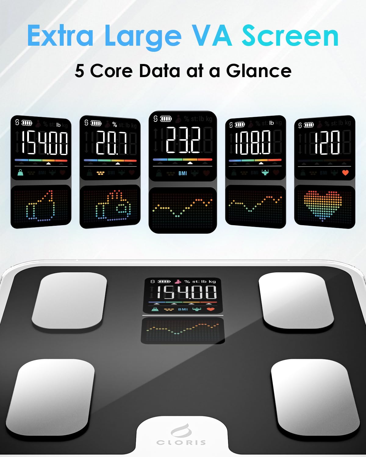 CLORIS Smart Scale for Body Weight Fat, Digital Bathroom Weighing Machine for Accurate BMI Muscle Mass Composition Health Analyzer with App Bluetooth