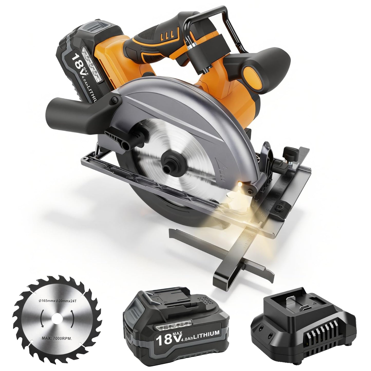 18V Max Corldless Circular Saws with 4.0Ah Battery & Charger - Up to 5500 RPM, LED Light Power Cutter Kit with 165mm 24T Blade, Max Cut Depth 55mm (90°), 36mm (45°) for Wood, PVC Cuting