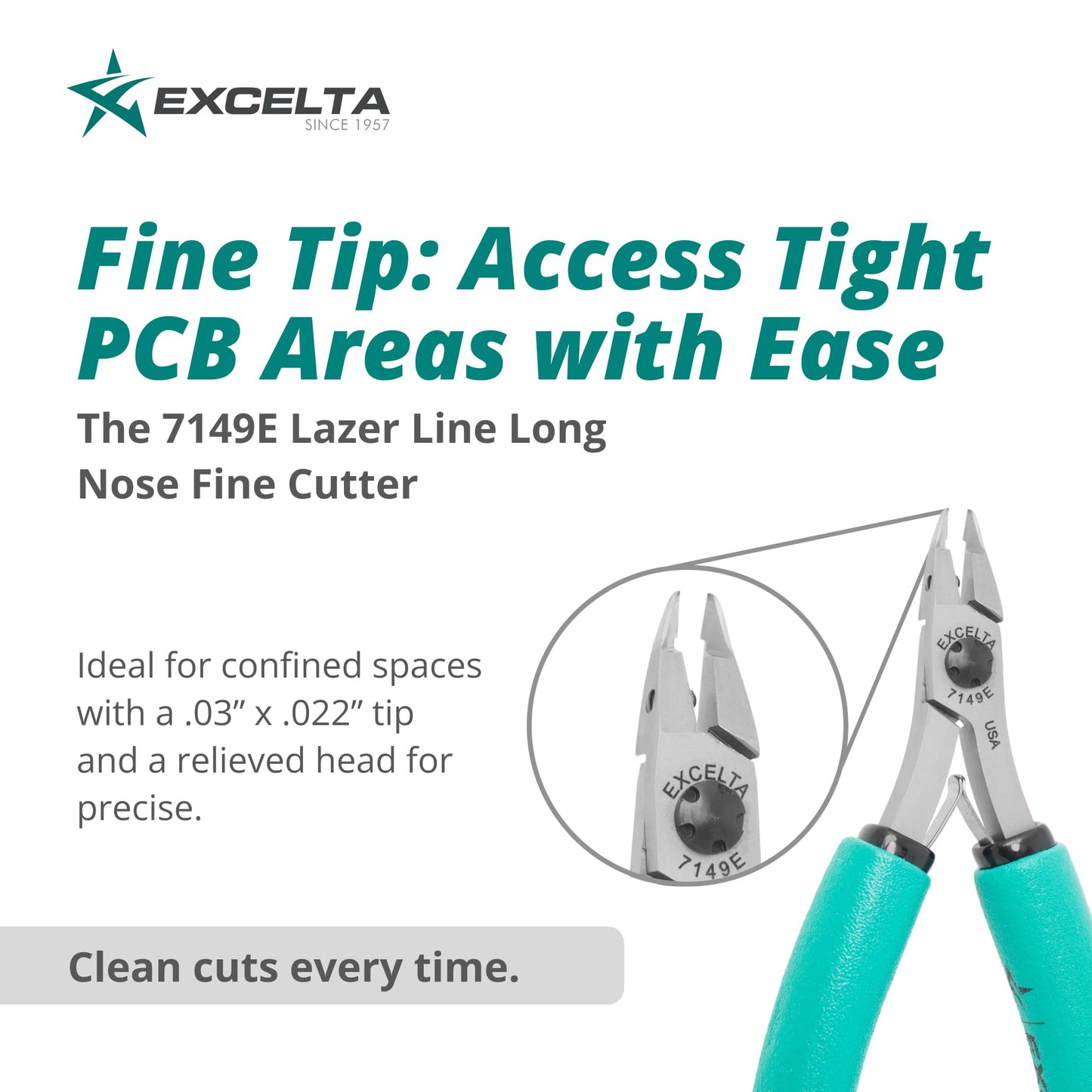 Excelta 7149E Lazer Line Flush Cutter with Long Nose Fine .03” x .022” Tip, Relieved Head & Ergonomic Anti-Static Handle, CNC-Machined Carbon Steel Precision Tool PCB & SMD Work, Made in USA