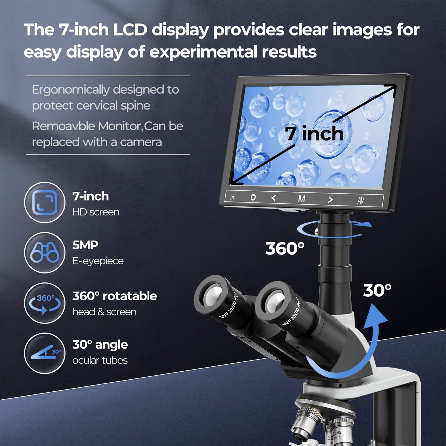 [Dual Power Supply] Vabiooth Lab Compound Trinocular Microscopes 40X-2500X Magnification with 7" LCD Replaceable Split Screen 5MP E-Eyepiece, Two-Layer Mechanical Stage,20mm Ultra Wide-Field Eyepieces