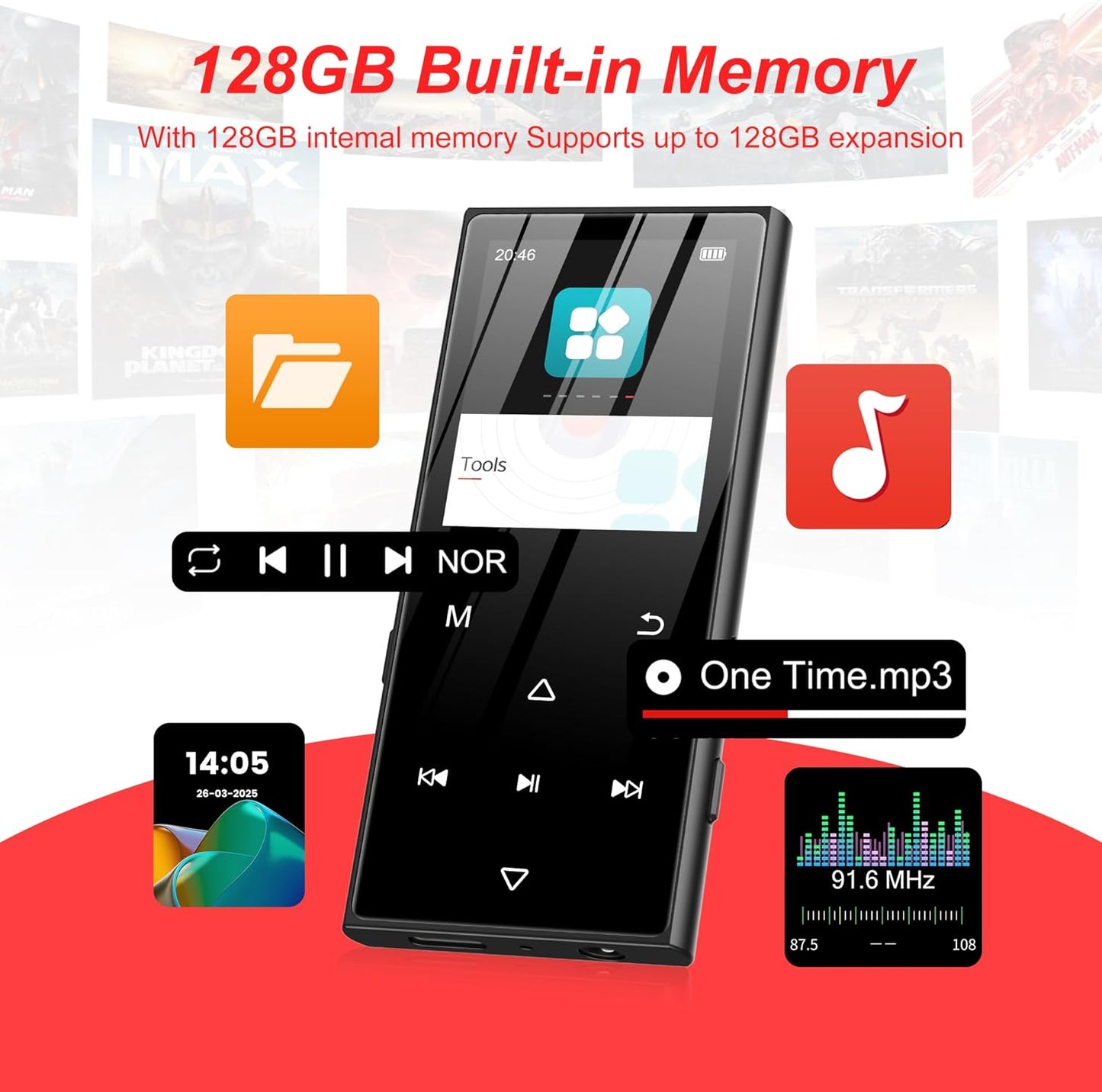 SWOFY 128GB MP3 5.3 D50 Player with Bluetooth - Music Player with Built-in HD Speaker, FM Radio, Voice Recorder, HiFi