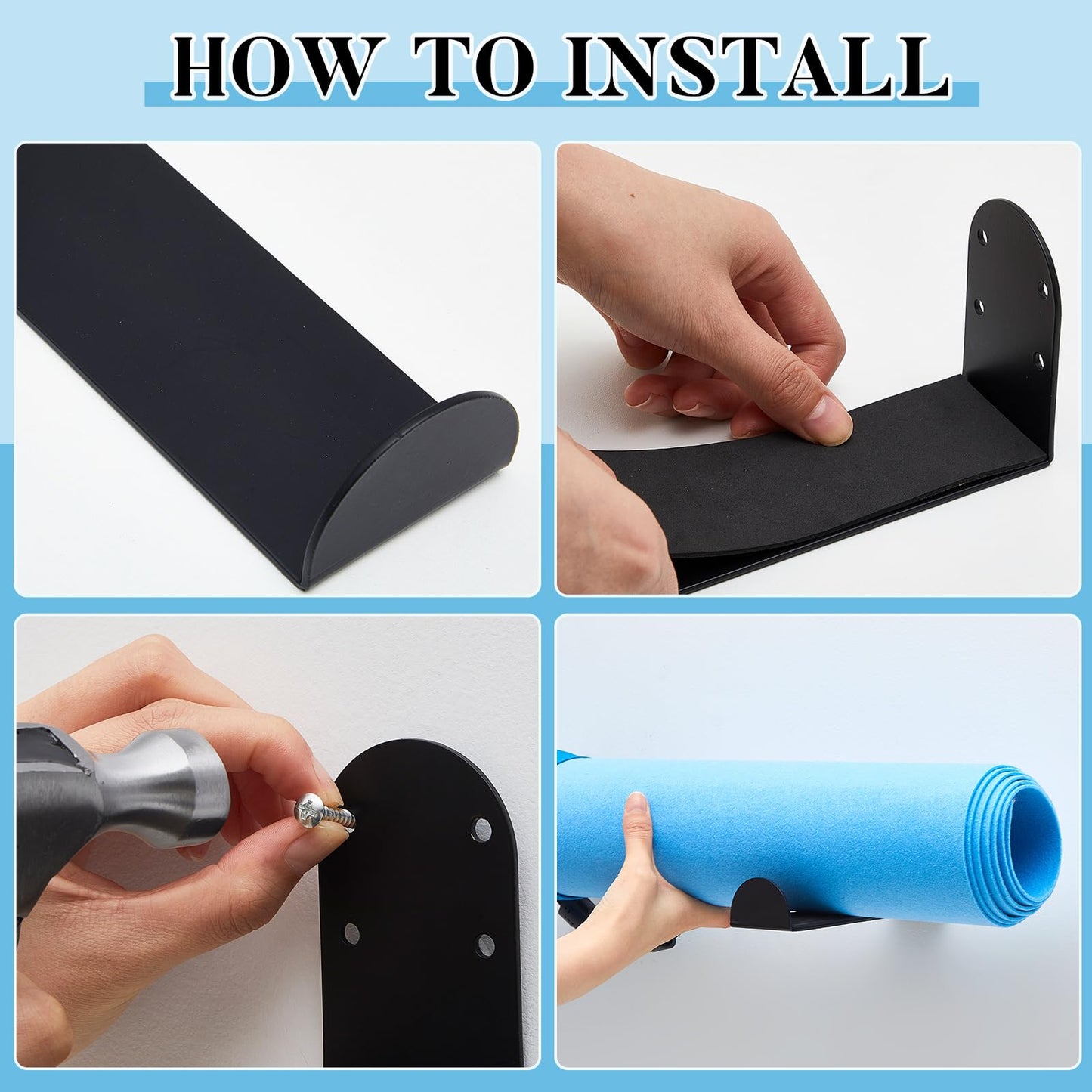 Yaocom 4 Pcs Yoga Mat Storage Rack Wall Mount Holder Exercise Mat Hanger Foam Roller Wall Hooks Gym Organizer for Hanging Fitness Bands Yoga Strap Home Gym