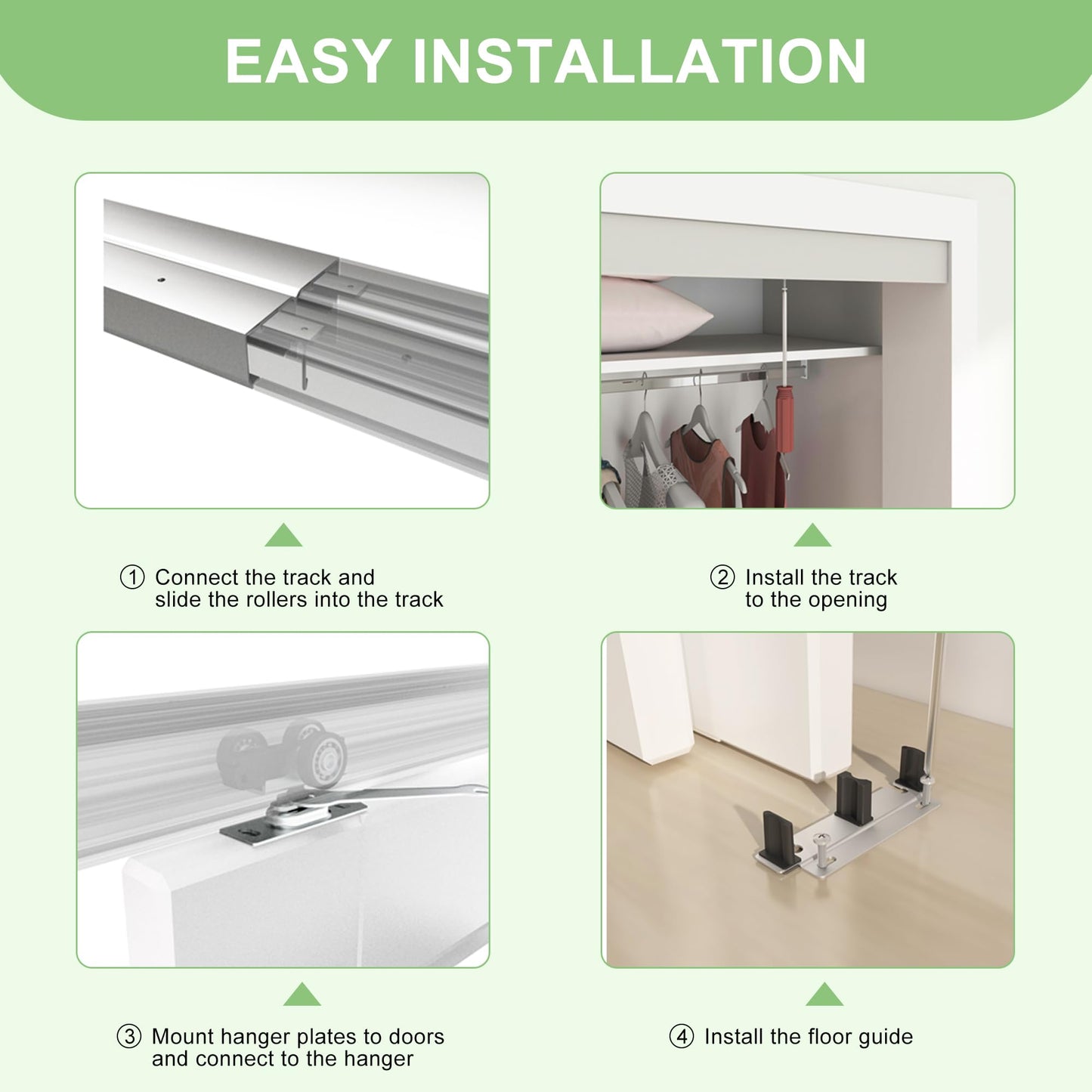 BarnBase 4FT/48" Bypass Door Hardware, Aluminum Double-Closing Sliding Closet Door Hardware with Finger Pull Included, Smoothly and Quietly, Fit Door Thickness 1 3/8" or 1 3/4", Silver